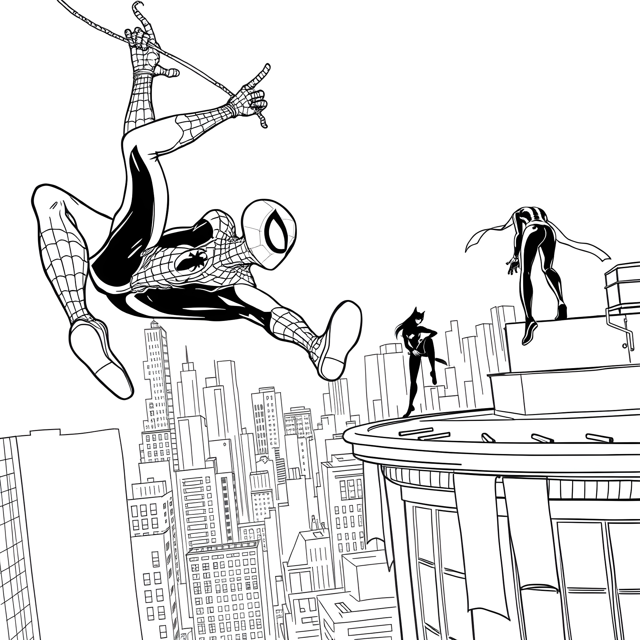 Spiderman swinging through the city skyline Coloring Page (free black-and-white line drawing printable PDF for all, from beginners to advanced learners, including children, teens, adults, and seniors)
