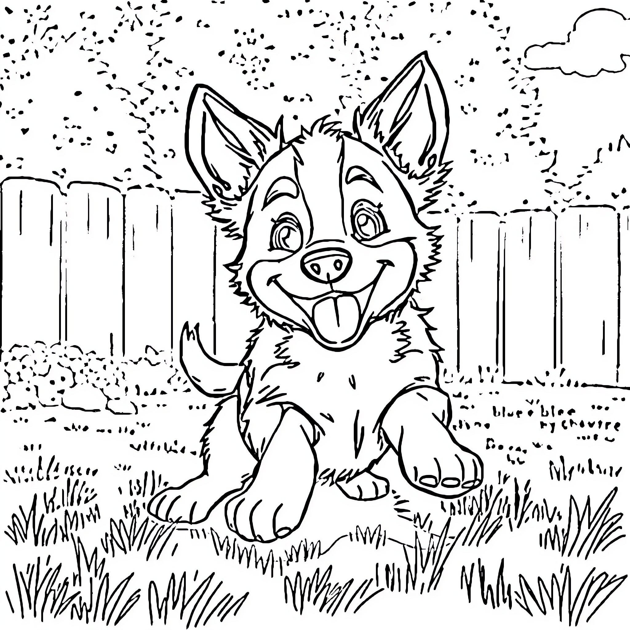 Bluey playing happily in the backyard Coloring Page (free black-and-white line drawing printable PDF for all, from beginners to advanced learners, including children, teens, adults, and seniors)