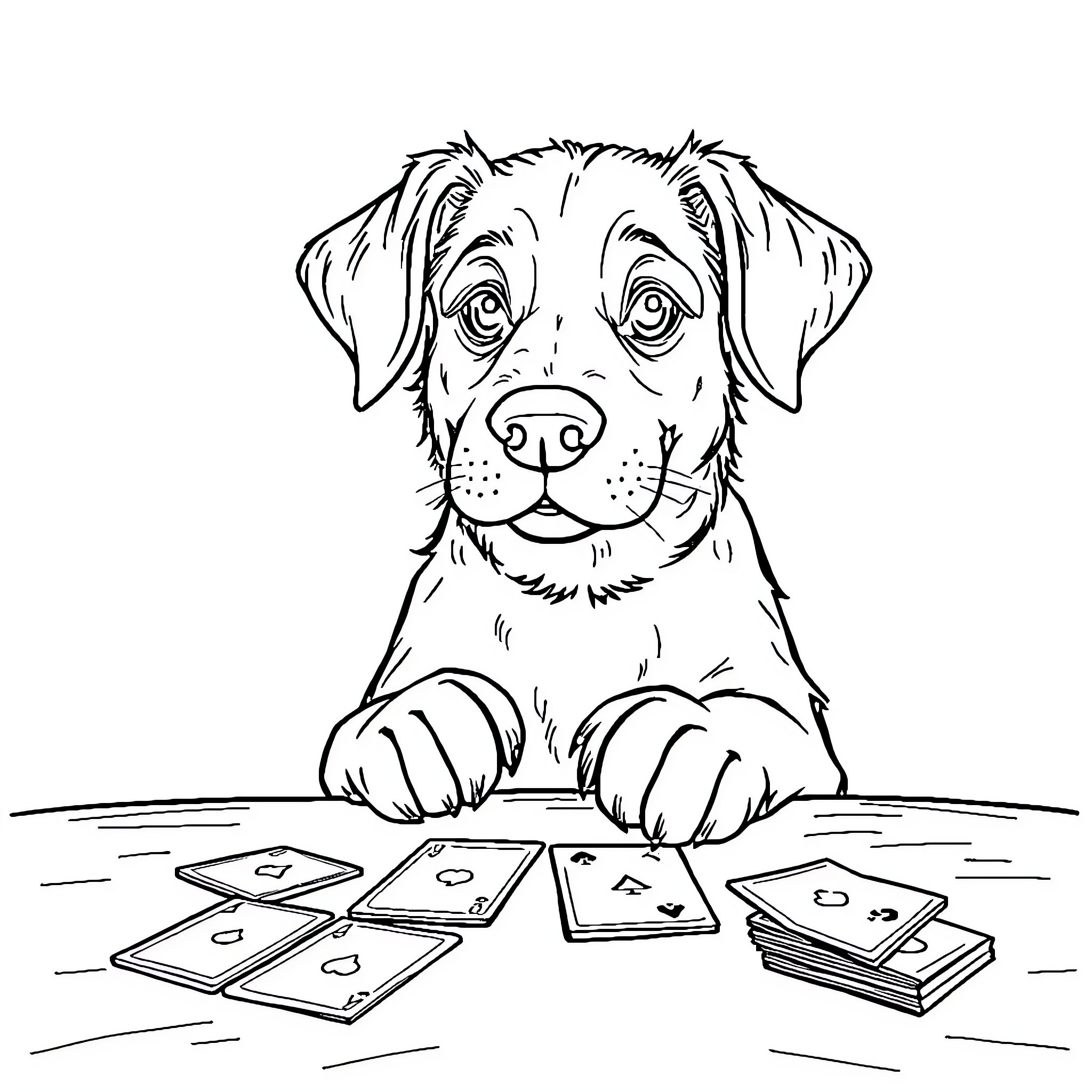 Dog playing with playing cards on the floor Coloring Page (free black-and-white line drawing printable PDF for all, from beginners to advanced learners, including children, teens, adults, and seniors)