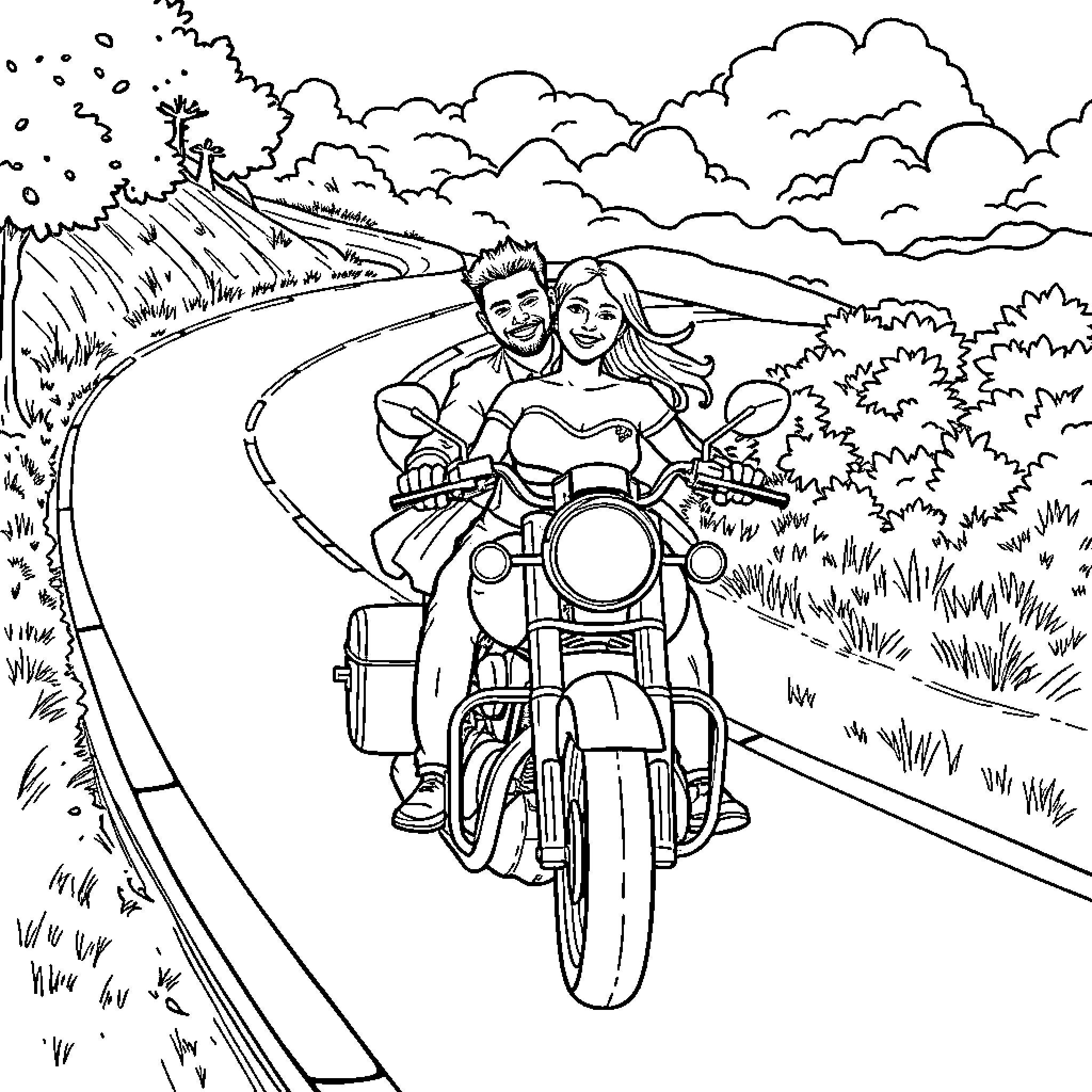 Couple Riding Motorcycle on Country Road Coloring Page (free black-and-white line drawing printable PDF for all, from beginners to advanced learners, including children, teens, adults, and seniors)