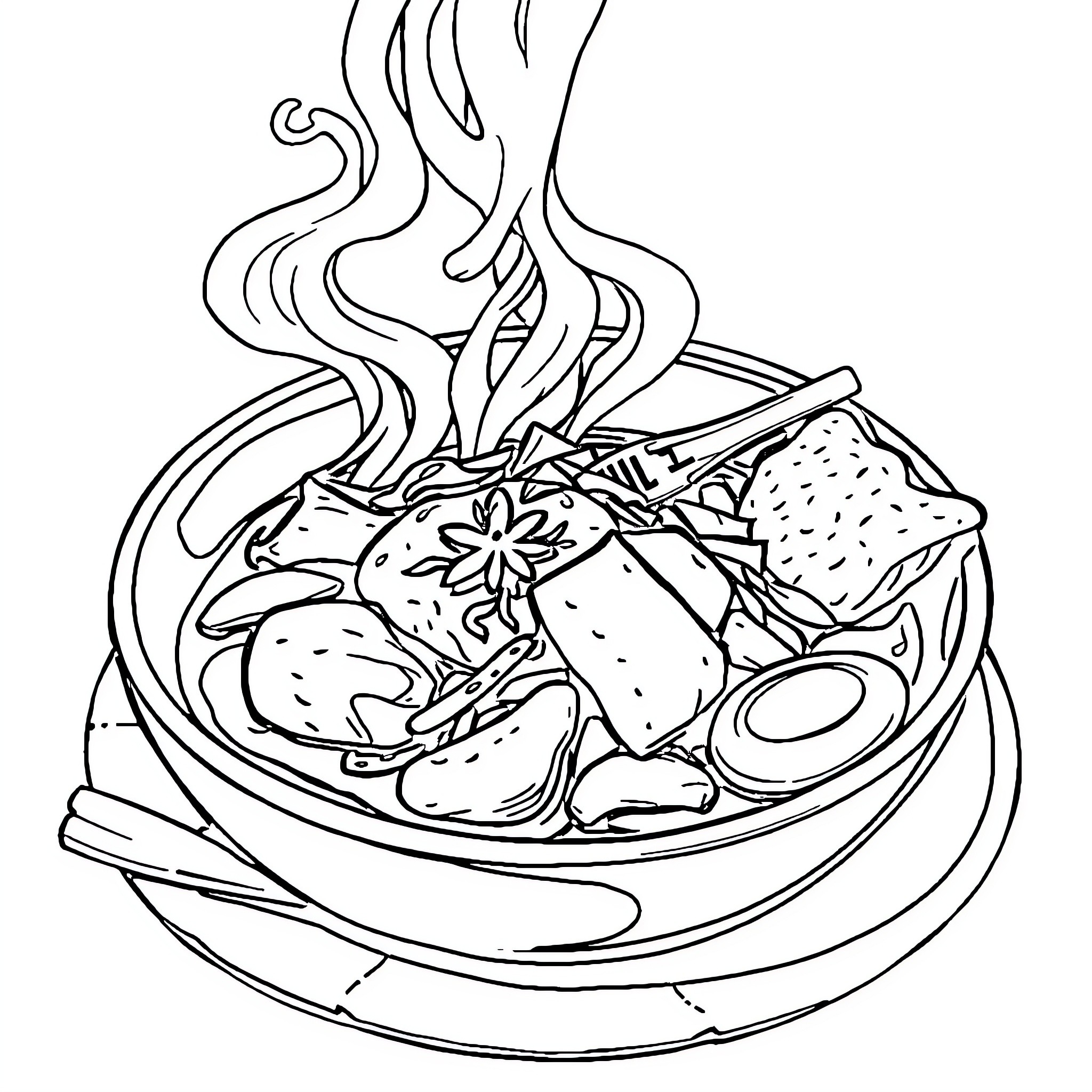 Tungtung Delectable Hot Soup with Savory Ingredients Coloring Page (free black-and-white line drawing printable PDF for all, from beginners to advanced learners, including children, teens, adults, and seniors)