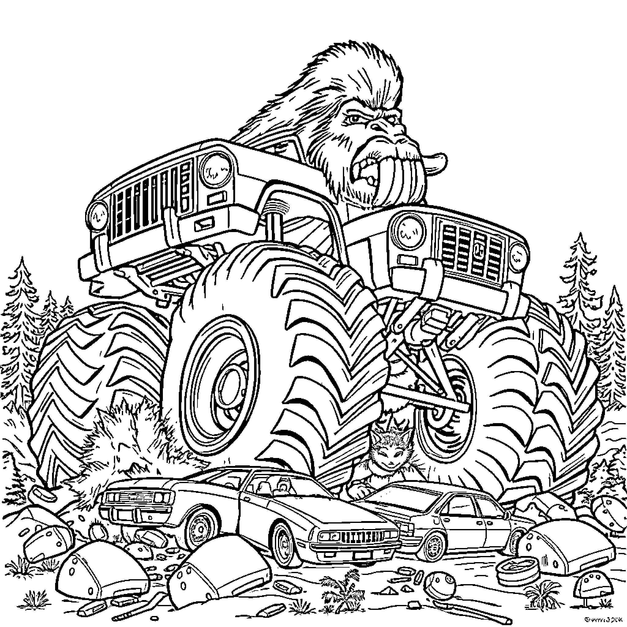 Bigfoot driving monster truck through the wilderness Coloring Page (free black-and-white line drawing printable PDF for all, from beginners to advanced learners, including children, teens, adults, and seniors)