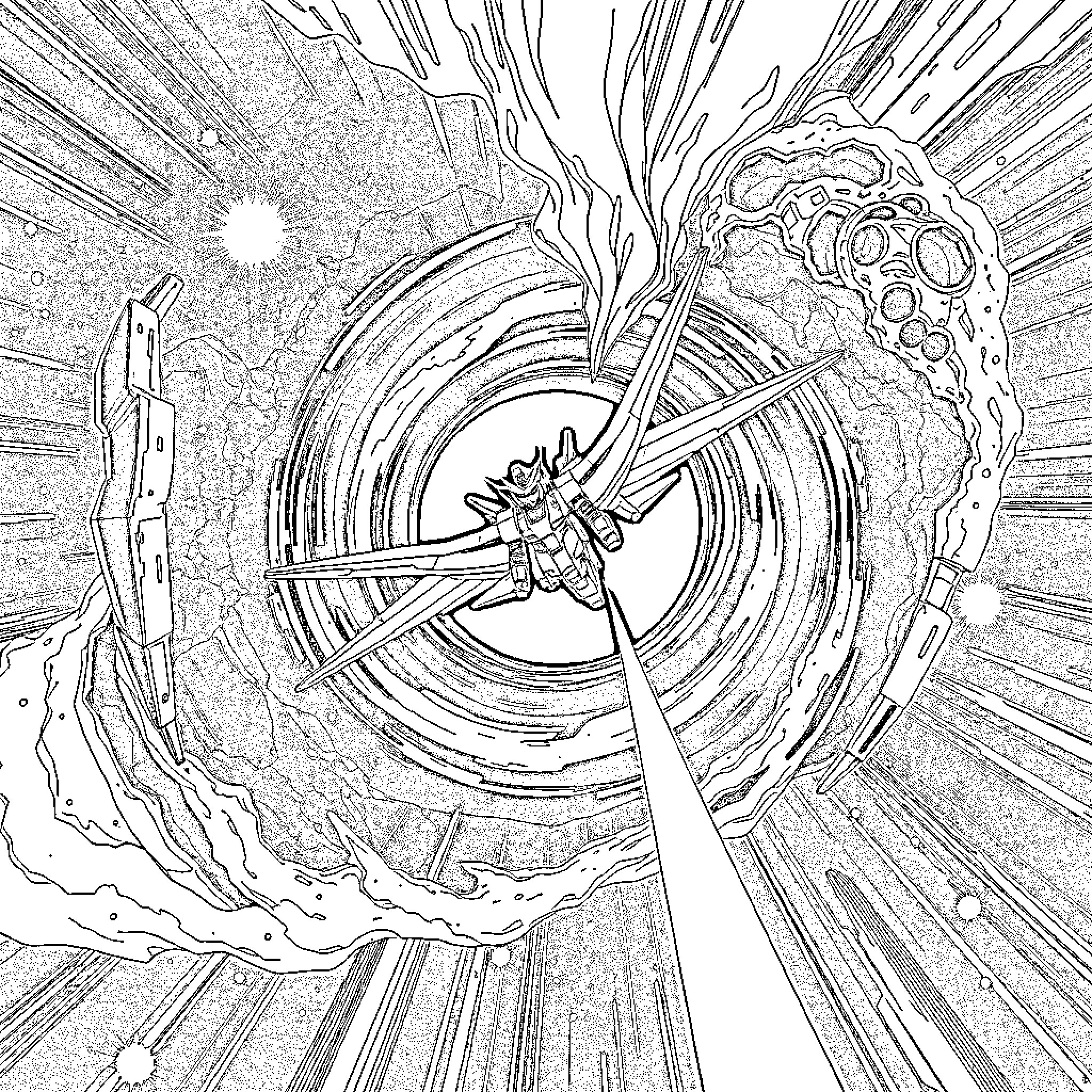 Wing Gundam Engaging in Intense Battle Coloring Page (free black-and-white line drawing printable PDF for all, from beginners to advanced learners, including children, teens, adults, and seniors)