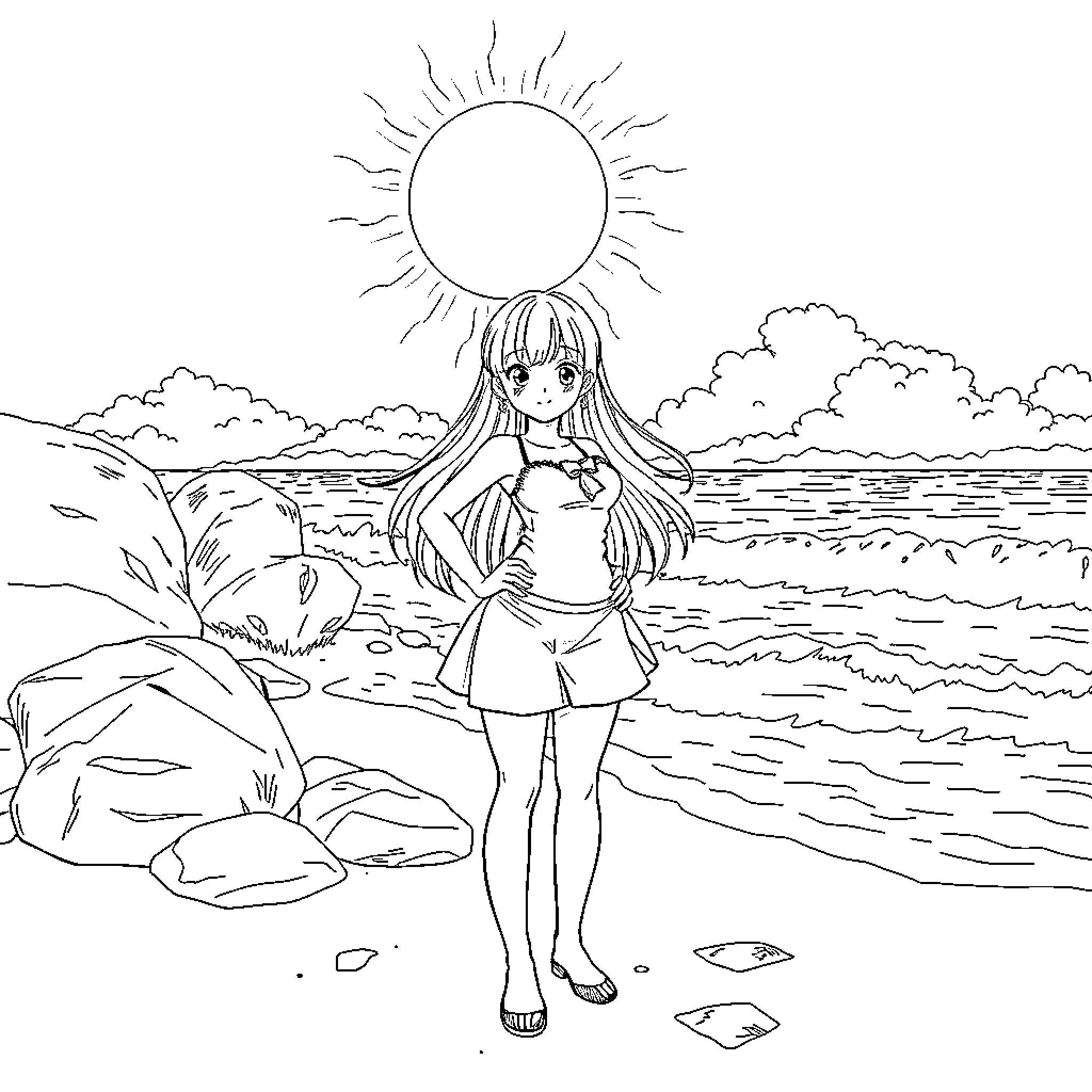 Asuka enjoying the serene beach scenery Coloring Page (free black-and-white line drawing printable PDF for all, from beginners to advanced learners, including children, teens, adults, and seniors)