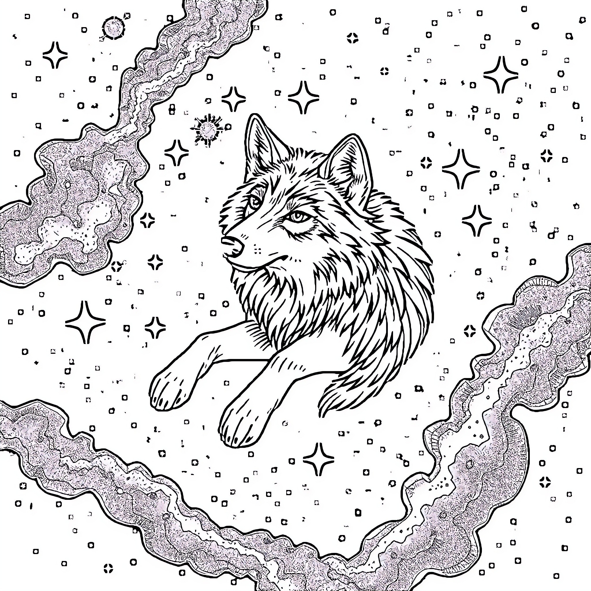 Wolf gazing at the starry night sky Coloring Page (free black-and-white line drawing printable PDF for all, from beginners to advanced learners, including children, teens, adults, and seniors)