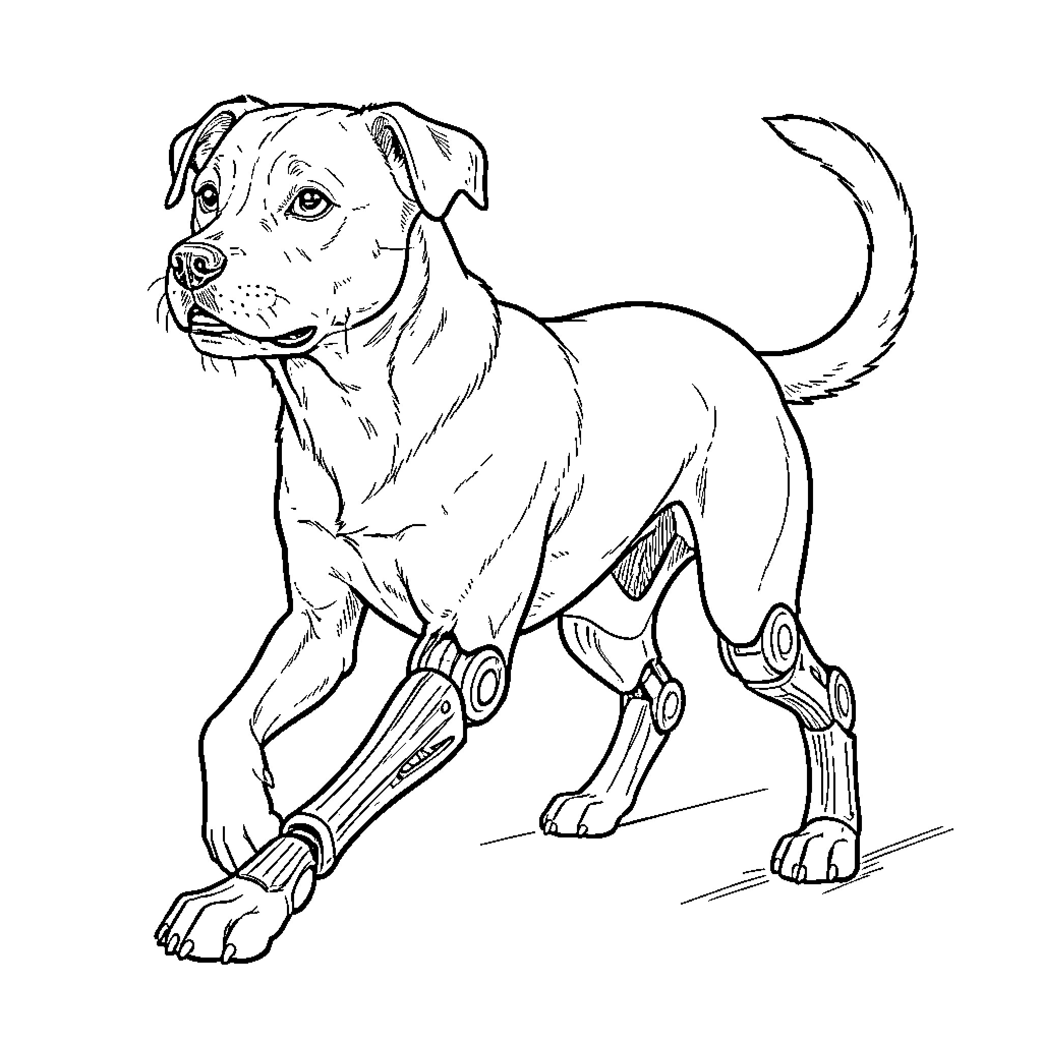 Staffy with Mechanical Limbs Exploring Curiously Coloring Page (free black-and-white line drawing printable PDF for all, from beginners to advanced learners, including children, teens, adults, and seniors)