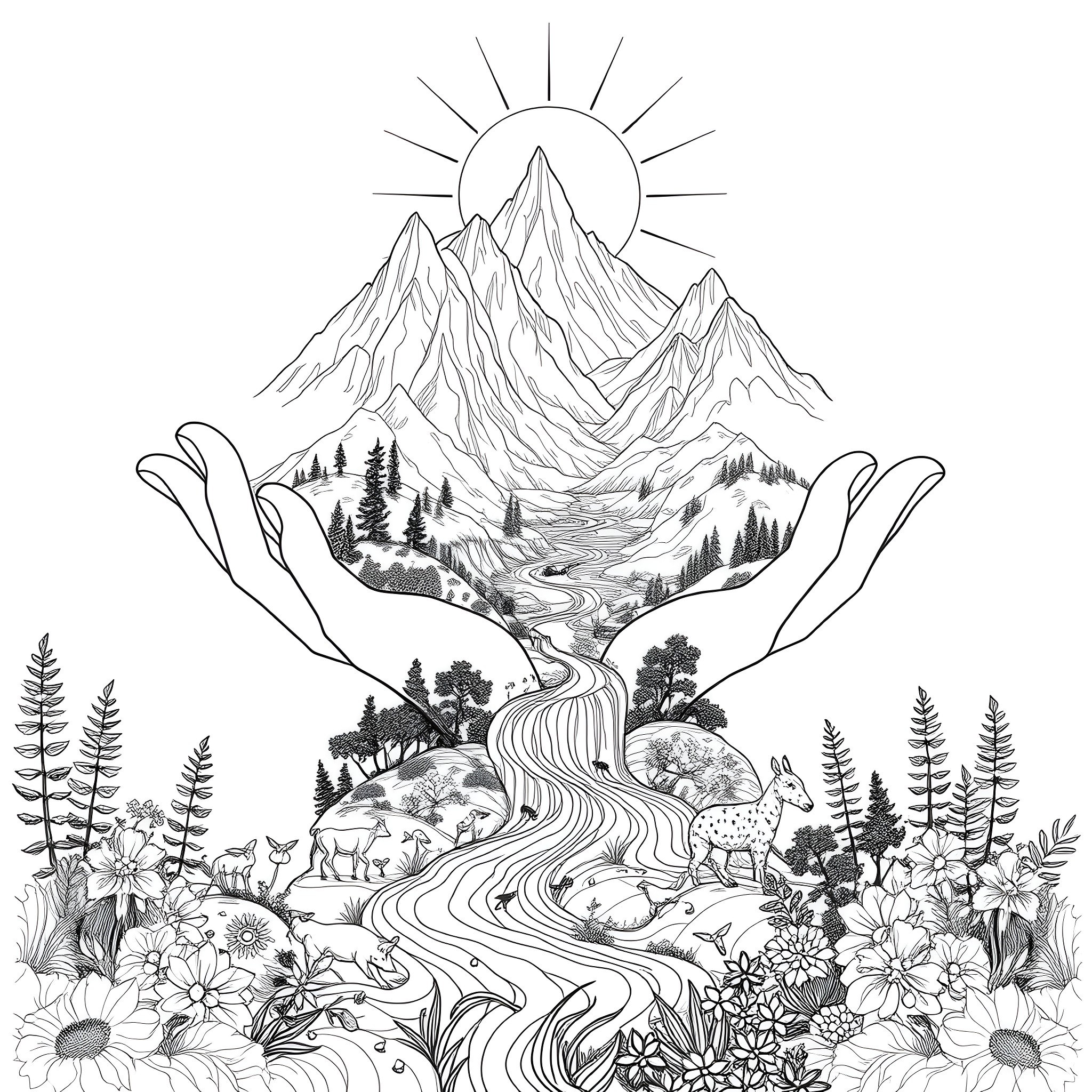 River flowing through the serene mountain landscape Coloring Page (free black-and-white line drawing printable PDF for all, from beginners to advanced learners, including children, teens, adults, and seniors)