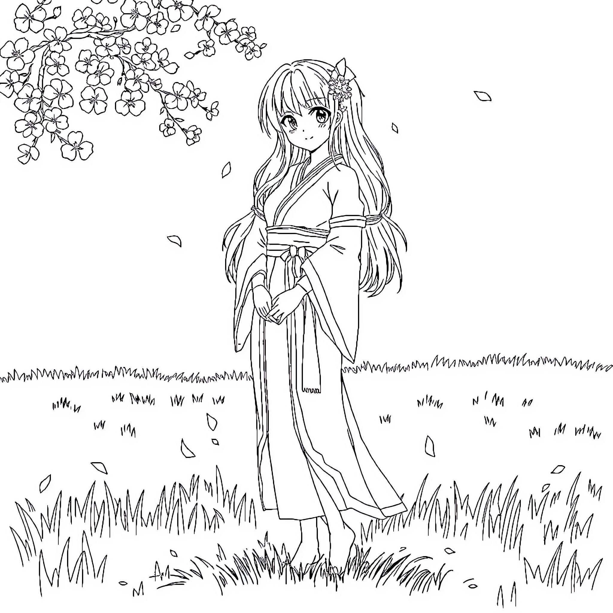 Sakura Girl in Serene Floral Garden Coloring Page (free black-and-white line drawing printable PDF for all, from beginners to advanced learners, including children, teens, adults, and seniors)