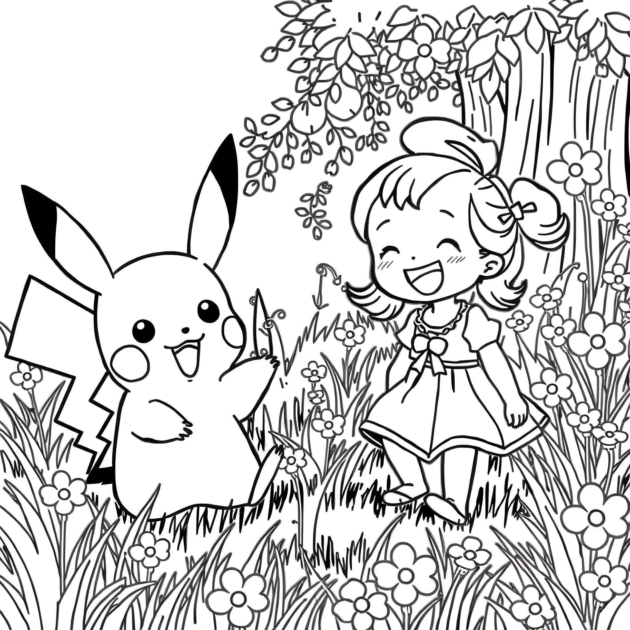 Pikachu playing with a young girl in a flower-filled field Coloring Page (free black-and-white line drawing printable PDF for all, from beginners to advanced learners, including children, teens, adults, and seniors)
