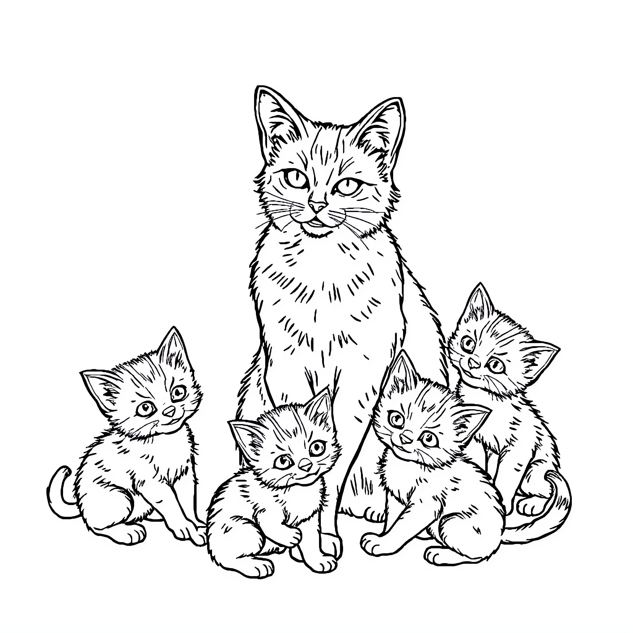 Cat and her adorable kittens Coloring Page (free black-and-white line drawing printable PDF for all, from beginners to advanced learners, including children, teens, adults, and seniors)