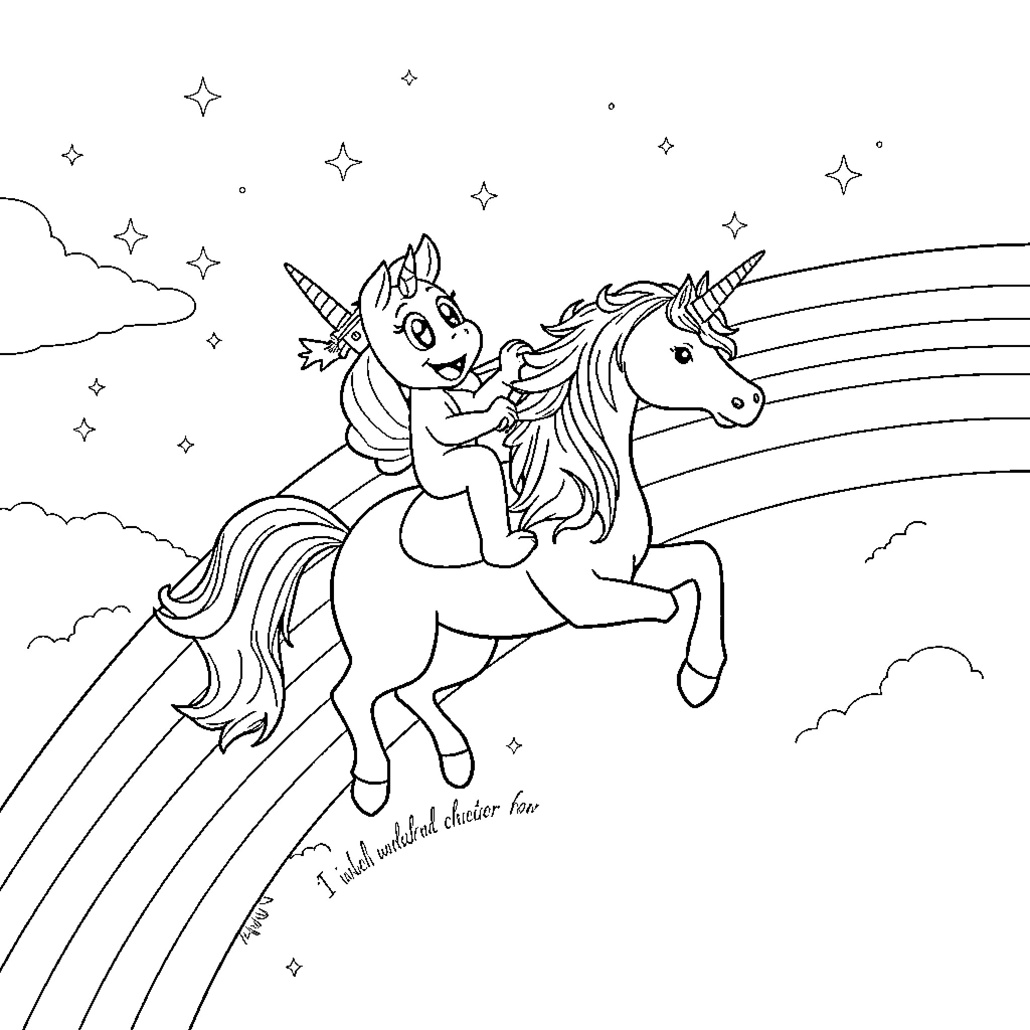 Bluey riding a magical unicorn under the starry sky Coloring Page (free black-and-white line drawing printable PDF for all, from beginners to advanced learners, including children, teens, adults, and seniors)