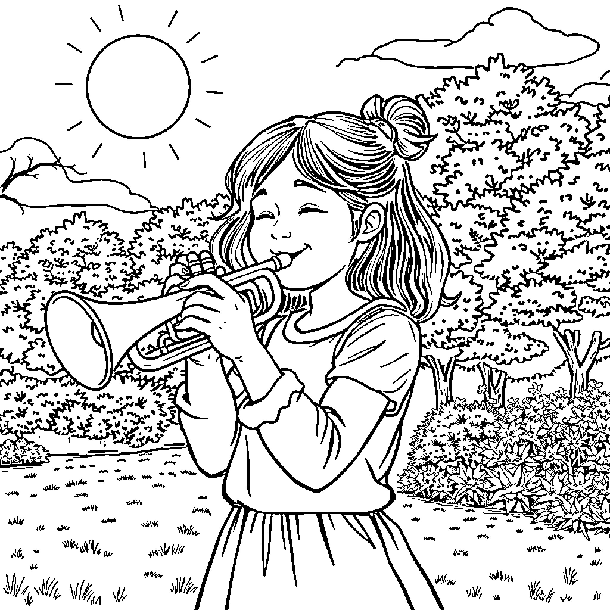 Girl playing a trumpet in a scenic outdoor setting Coloring Page (free black-and-white line drawing printable PDF for all, from beginners to advanced learners, including children, teens, adults, and seniors)