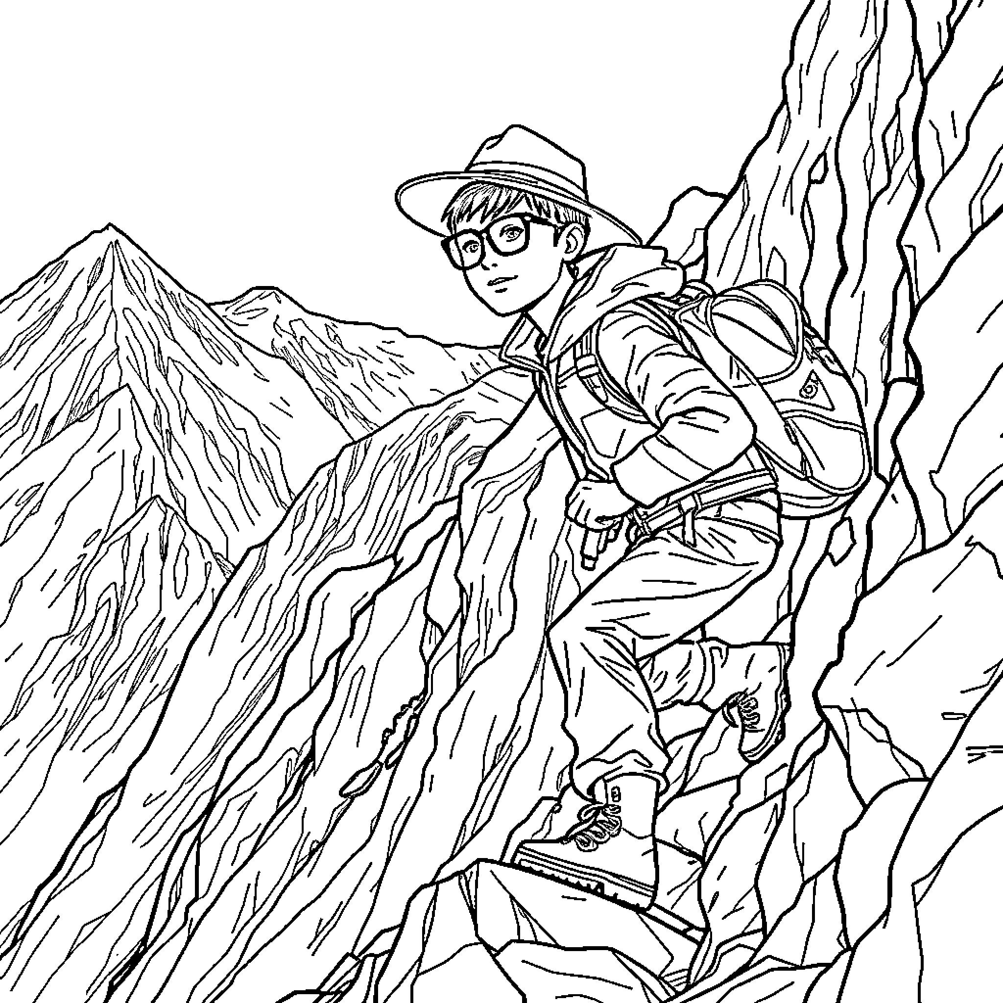 Mountain Hunter Explores Rugged Terrain Coloring Page (free black-and-white line drawing printable PDF for all, from beginners to advanced learners, including children, teens, adults, and seniors)