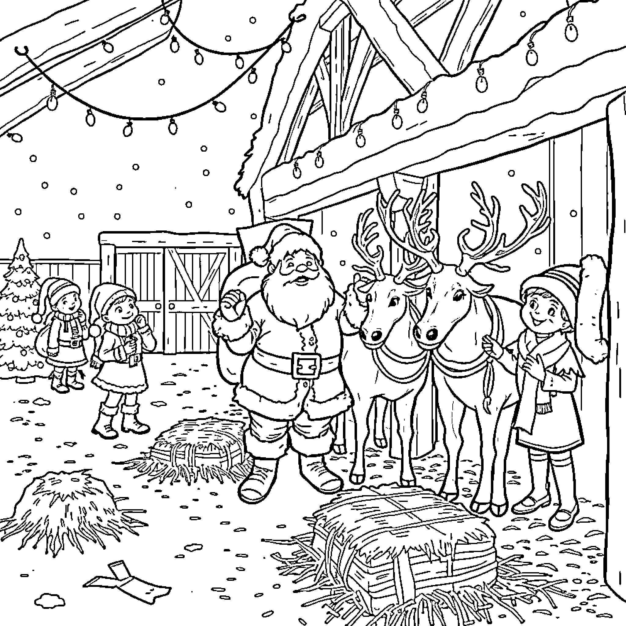 Reindeer and Santa Claus in a winter wonderland Coloring Page (free black-and-white line drawing printable PDF for all, from beginners to advanced learners, including children, teens, adults, and seniors)