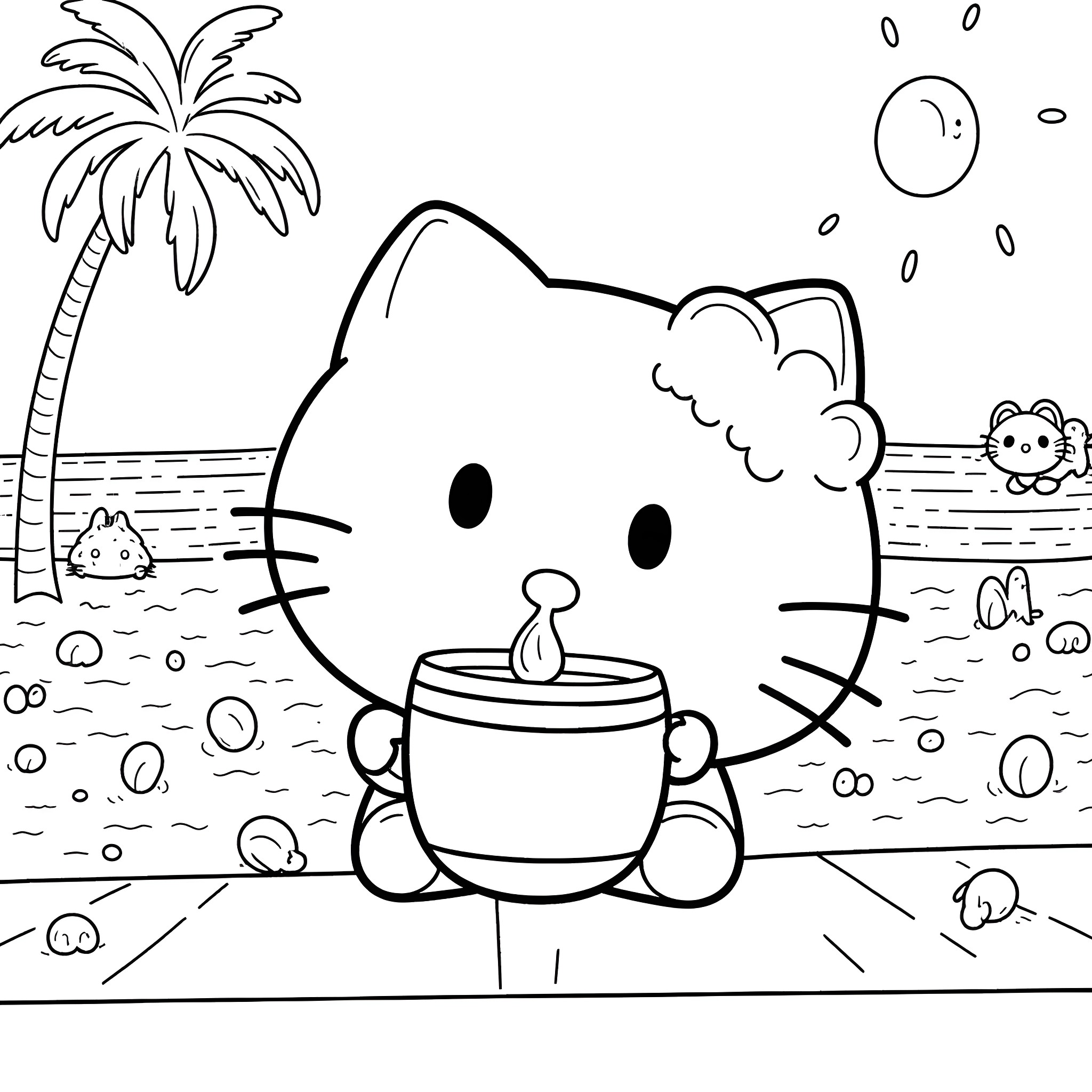 Hello Kitty enjoying the beach with a coconut drink Coloring Page (free black-and-white line drawing printable PDF for all, from beginners to advanced learners, including children, teens, adults, and seniors)