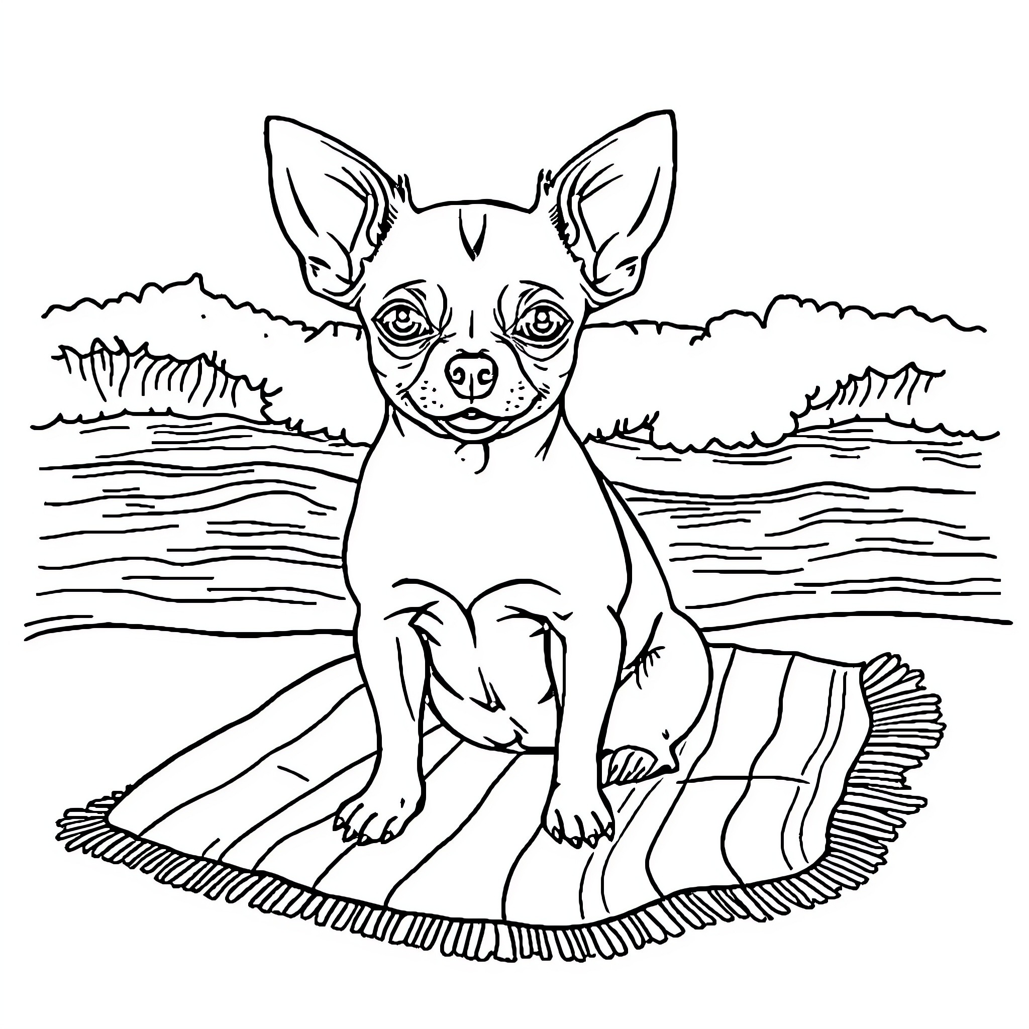 Chihuahua sitting on a rug by the lake Coloring Page (free black-and-white line drawing printable PDF for all, from beginners to advanced learners, including children, teens, adults, and seniors)