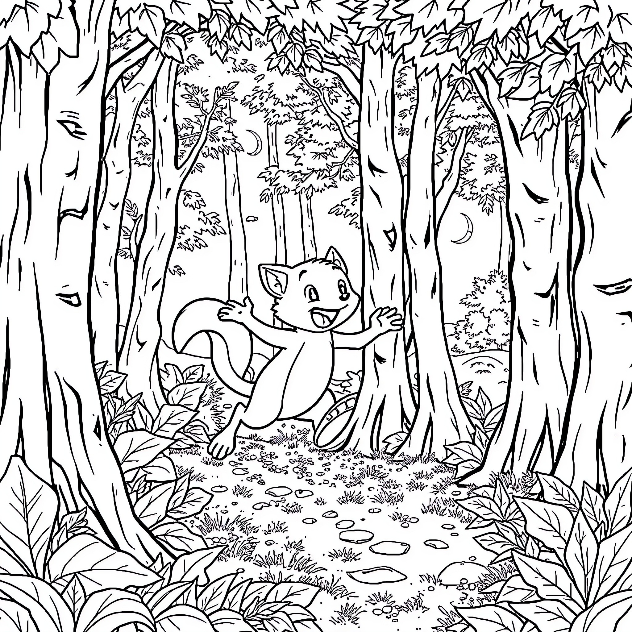 Sorro's Woodland Exploration Coloring Page (free black-and-white line drawing printable PDF for all, from beginners to advanced learners, including children, teens, adults, and seniors)