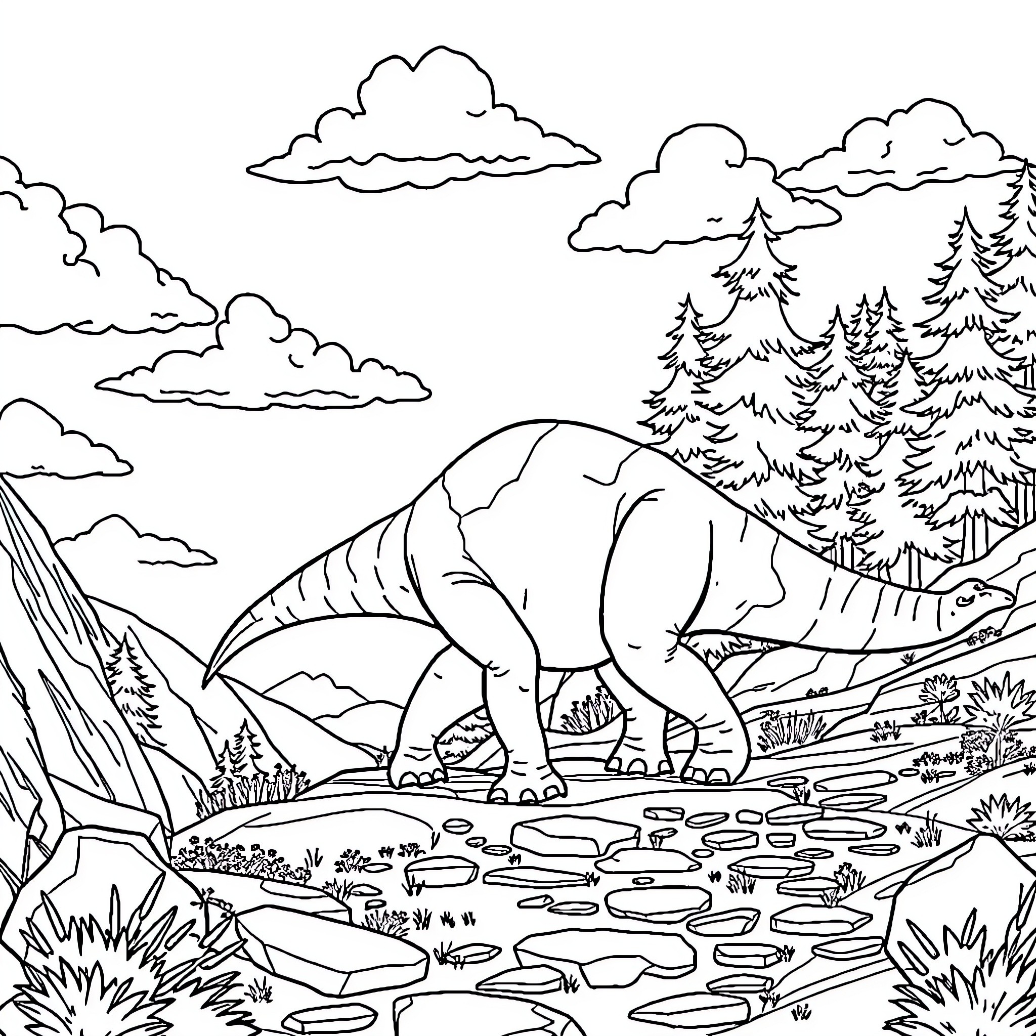 Dinosaur exploring the prehistoric landscape Coloring Page (free black-and-white line drawing printable PDF for all, from beginners to advanced learners, including children, teens, adults, and seniors)