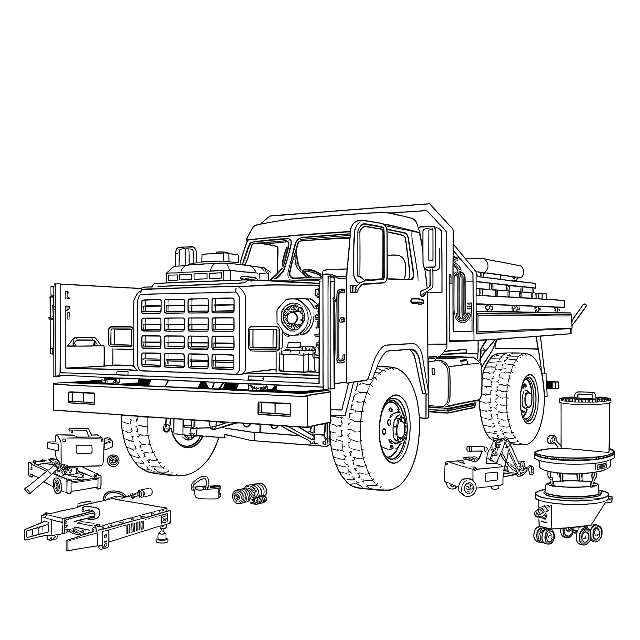 Flatbed truck with construction tools and equipment Coloring Page (free black-and-white line drawing printable PDF for all, from beginners to advanced learners, including children, teens, adults, and seniors)