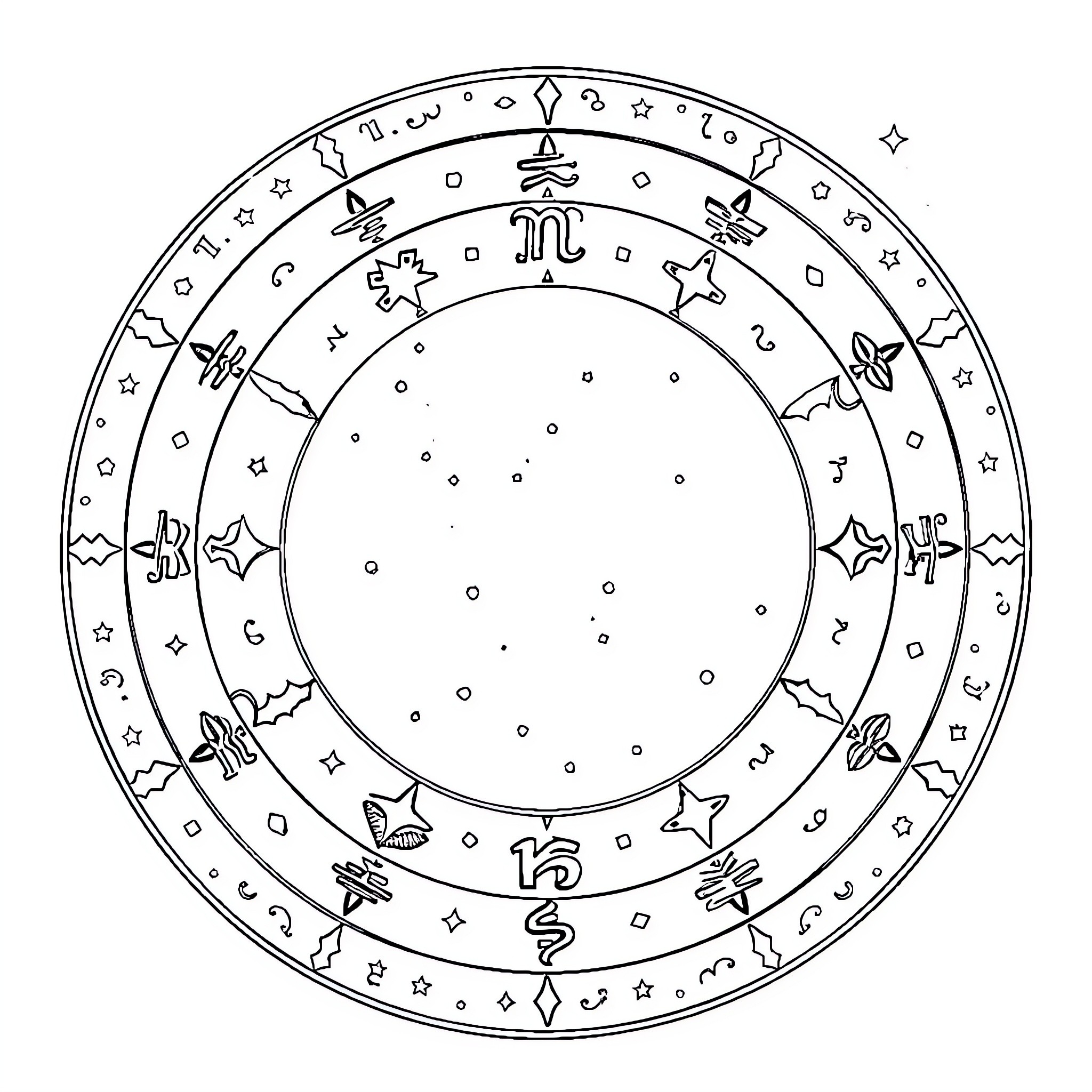 Universe of Cosmic Symbols and Celestial Patterns Coloring Page (free black-and-white line drawing printable PDF for all, from beginners to advanced learners, including children, teens, adults, and seniors)