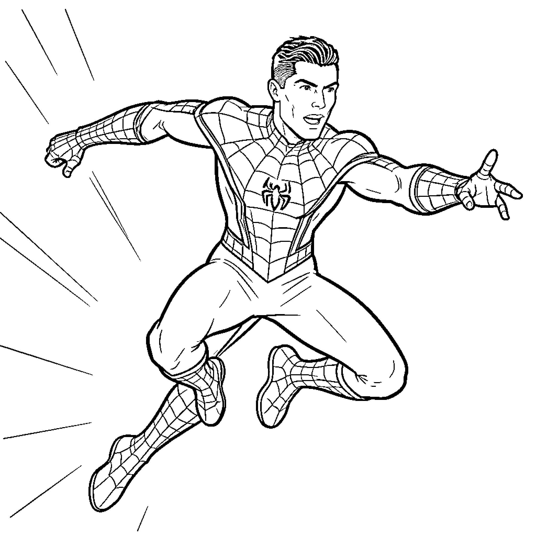 Cristiano Ronaldo in a superhero costume leaping forward Coloring Page (free black-and-white line drawing printable PDF for all, from beginners to advanced learners, including children, teens, adults, and seniors)