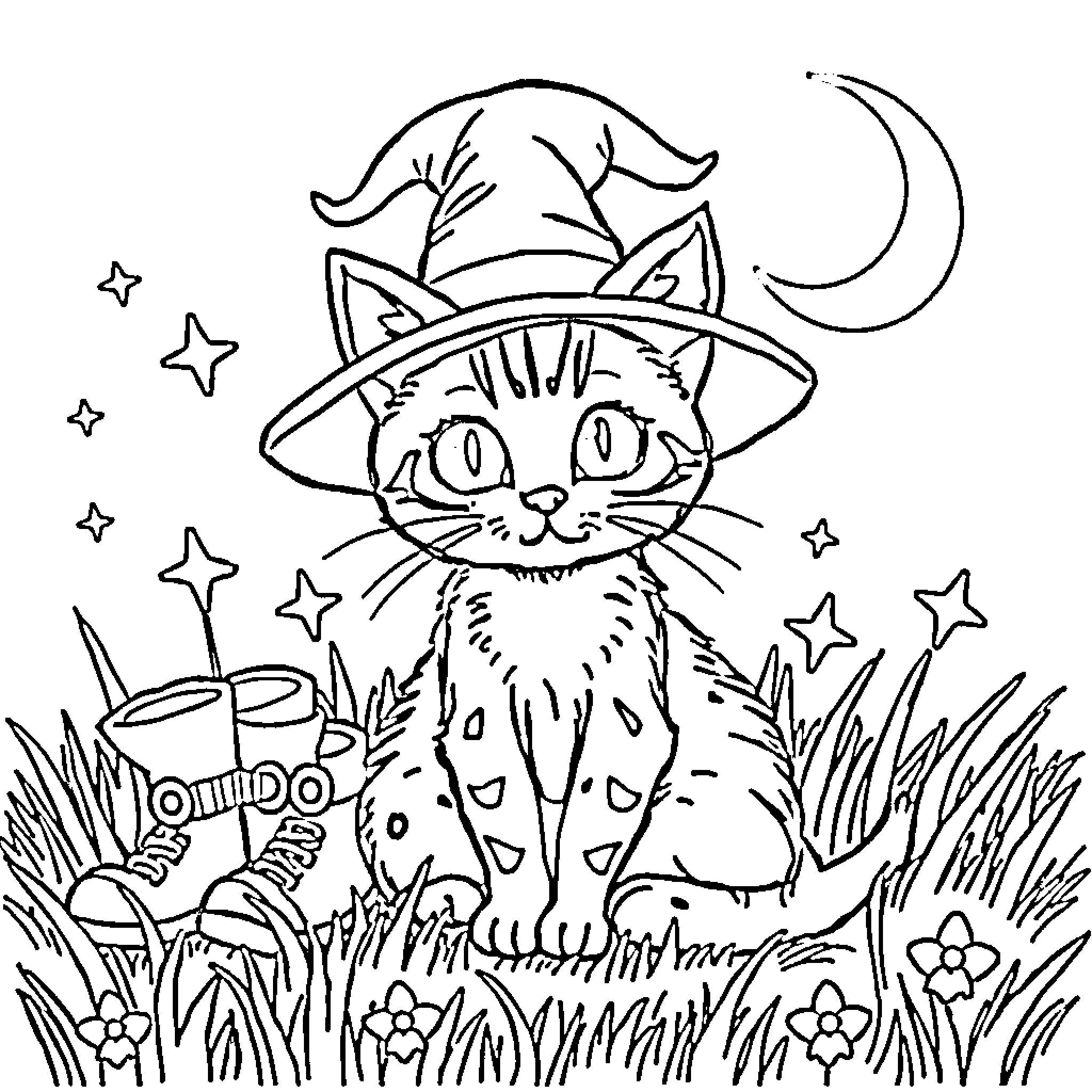 Cat in Witch Hat with Crescent Moon and Stars Coloring Page (free black-and-white line drawing printable PDF for all, from beginners to advanced learners, including children, teens, adults, and seniors)