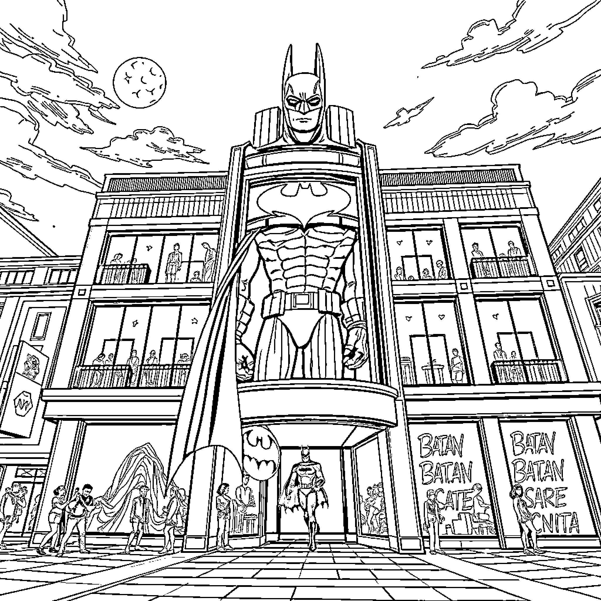Batman Heroically Stands Tall in the City Coloring Page (free black-and-white line drawing printable PDF for all, from beginners to advanced learners, including children, teens, adults, and seniors)