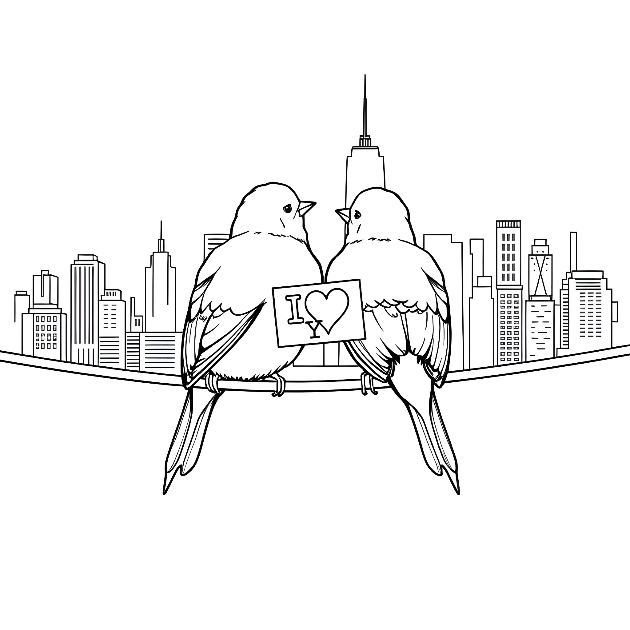 Bird couple in love with city skyline Coloring Page (free black-and-white line drawing printable PDF for all, from beginners to advanced learners, including children, teens, adults, and seniors)