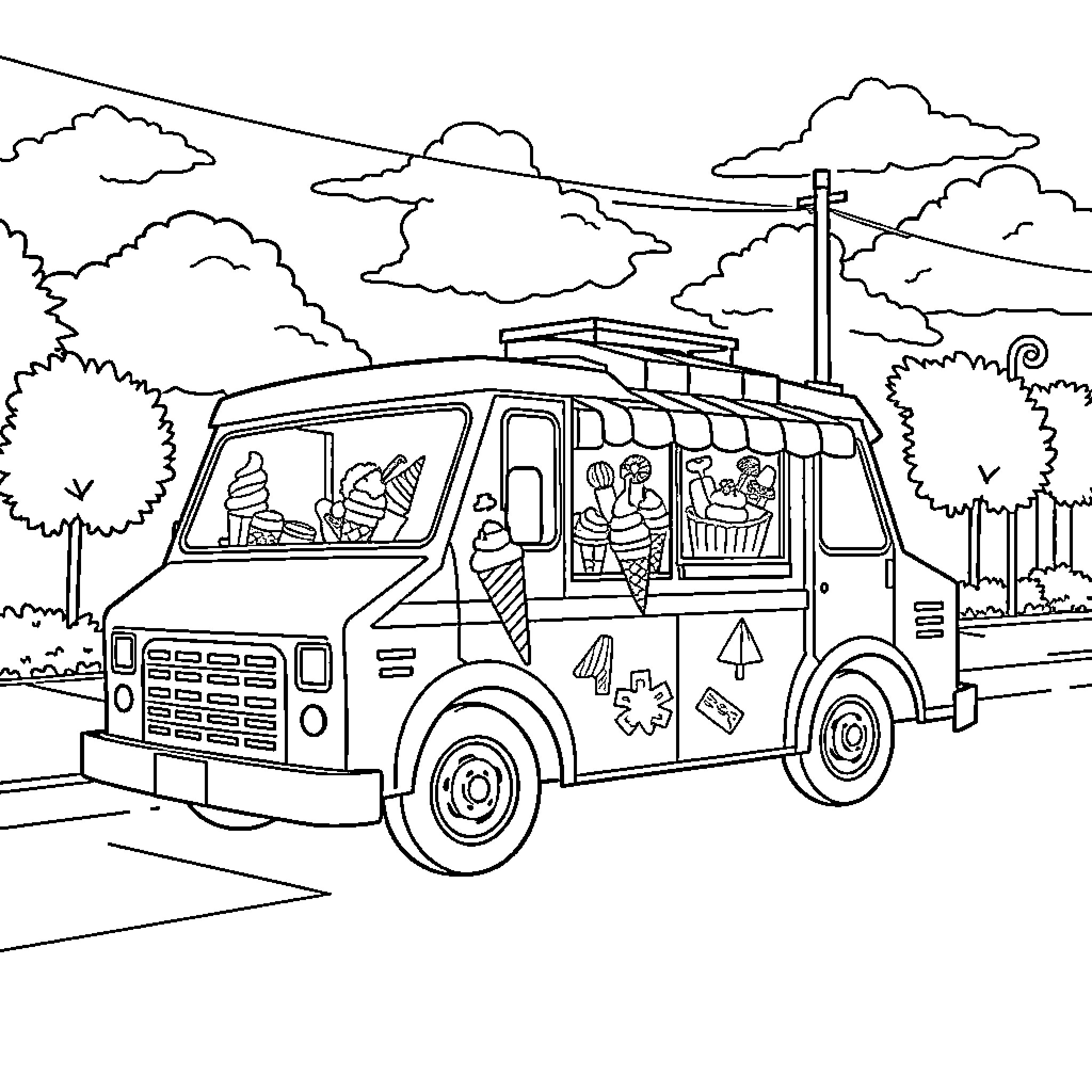 Ice Cream Truck Serving Customers in Scenic Outdoor Setting Coloring Page (free black-and-white line drawing printable PDF for all, from beginners to advanced learners, including children, teens, adults, and seniors)
