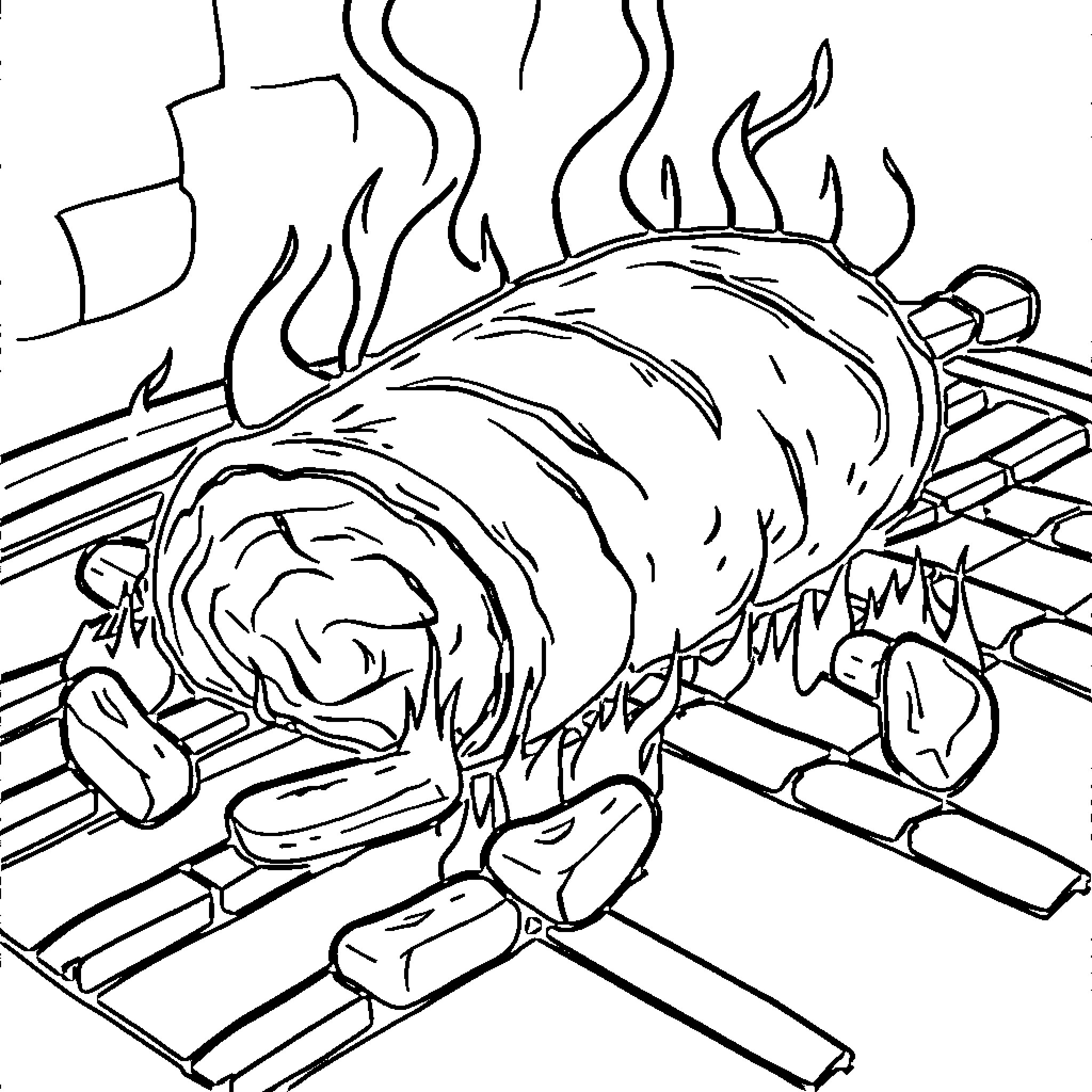Lion roasting on a barbecue grill Coloring Page (free black-and-white line drawing printable PDF for all, from beginners to advanced learners, including children, teens, adults, and seniors)