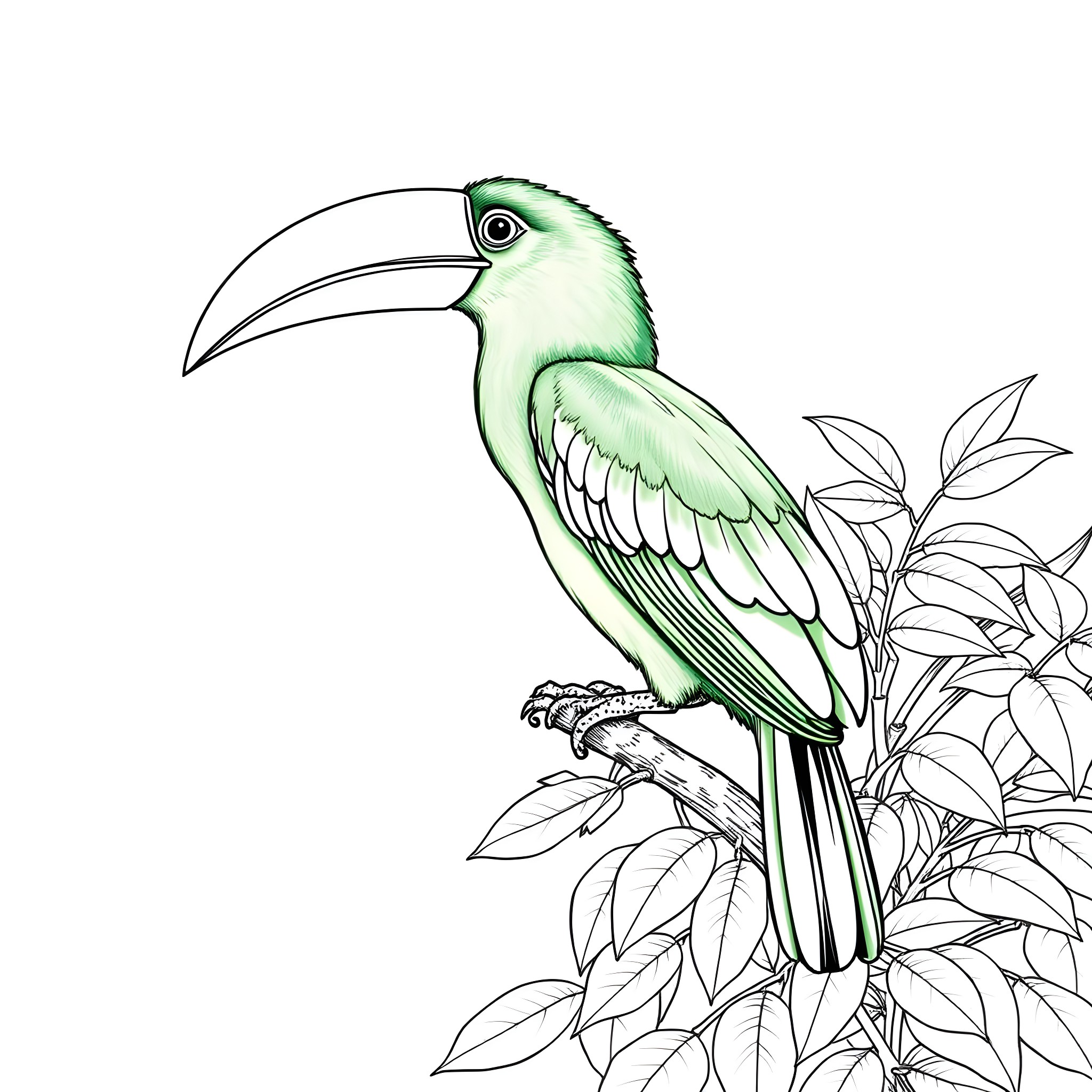 Toucan perched on a leafy branch Coloring Page (free black-and-white line drawing printable PDF for all, from beginners to advanced learners, including children, teens, adults, and seniors)
