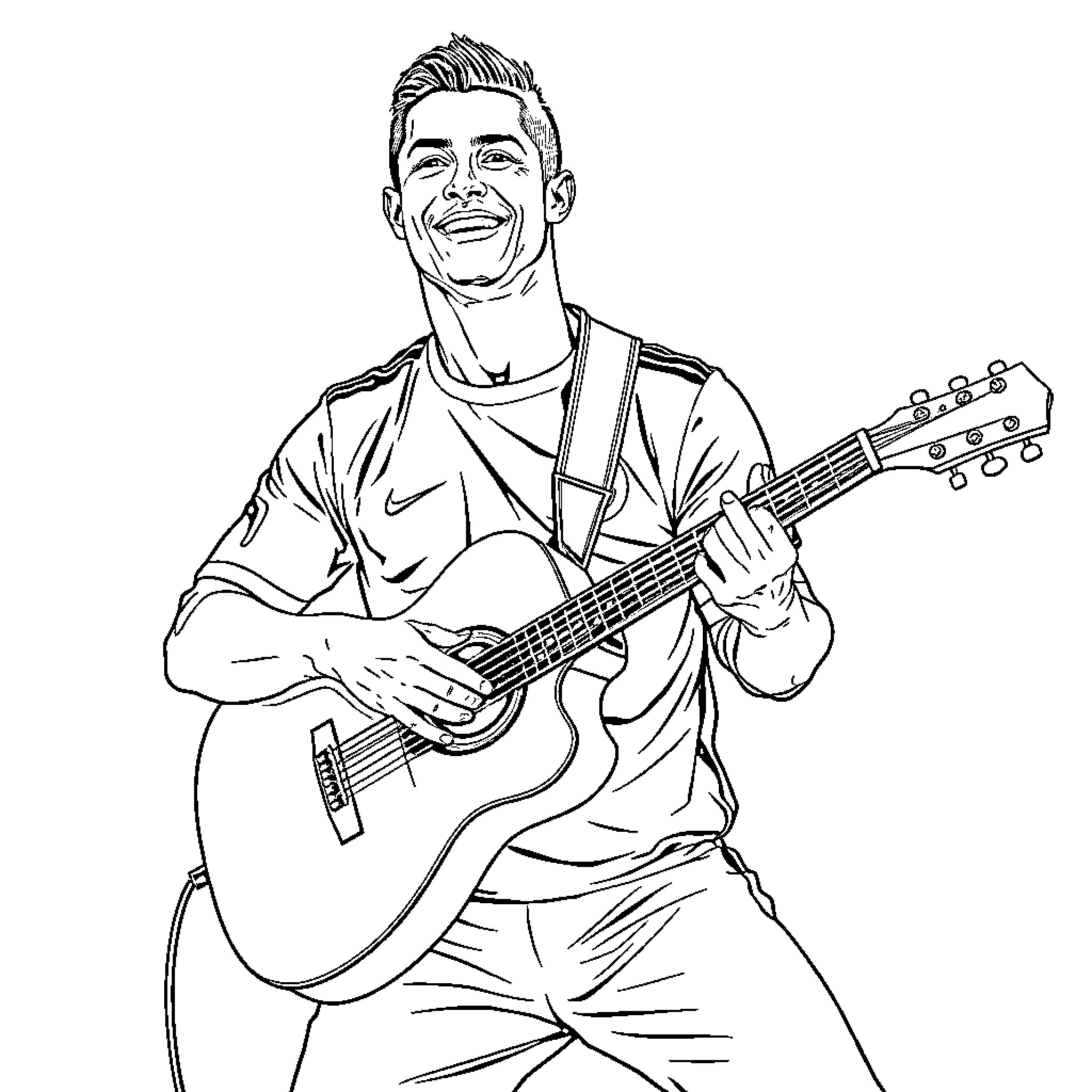Cristiano Ronaldo Plays Acoustic Guitar with Enthusiasm Coloring Page (free black-and-white line drawing printable PDF for all, from beginners to advanced learners, including children, teens, adults, and seniors)