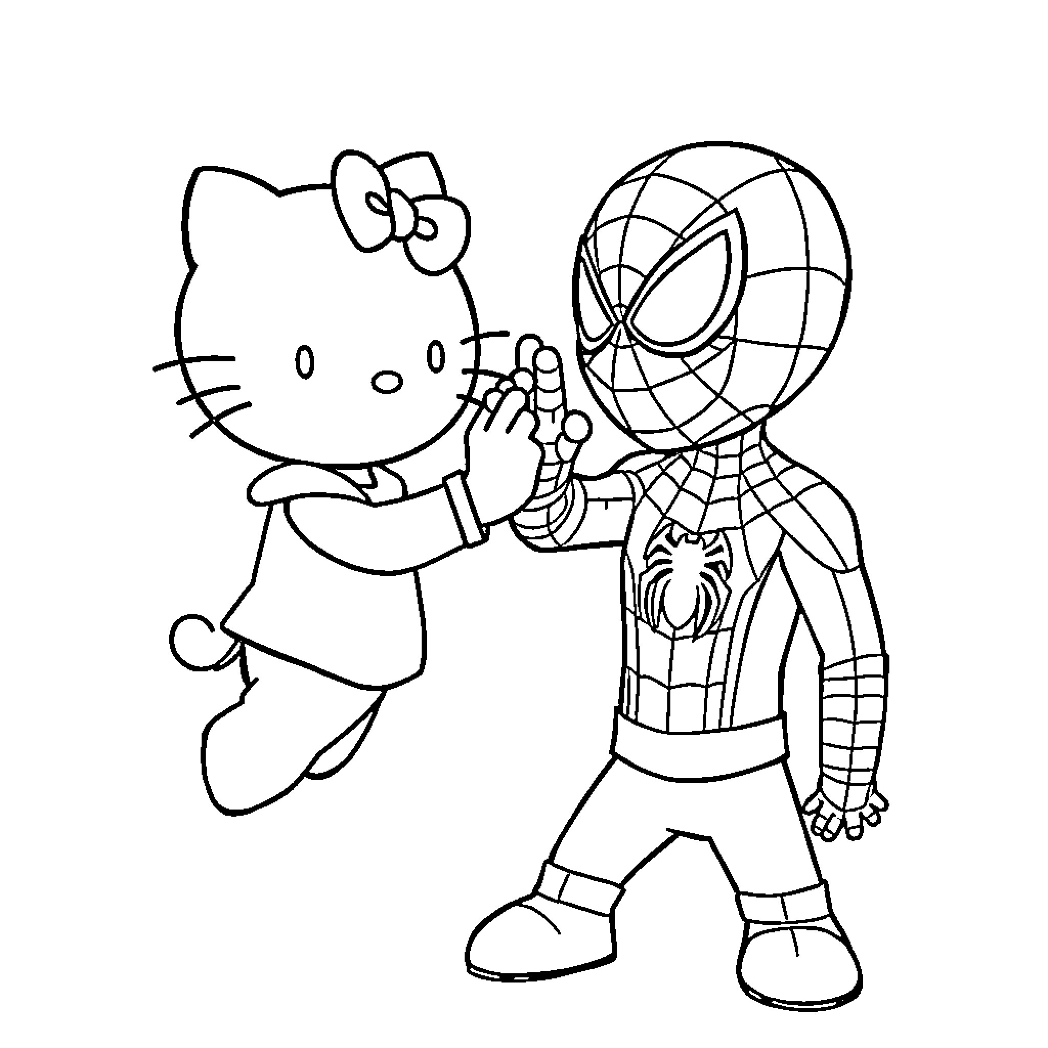 Hello Kitty meets friendly Spiderman Coloring Page (free black-and-white line drawing printable PDF for all, from beginners to advanced learners, including children, teens, adults, and seniors)