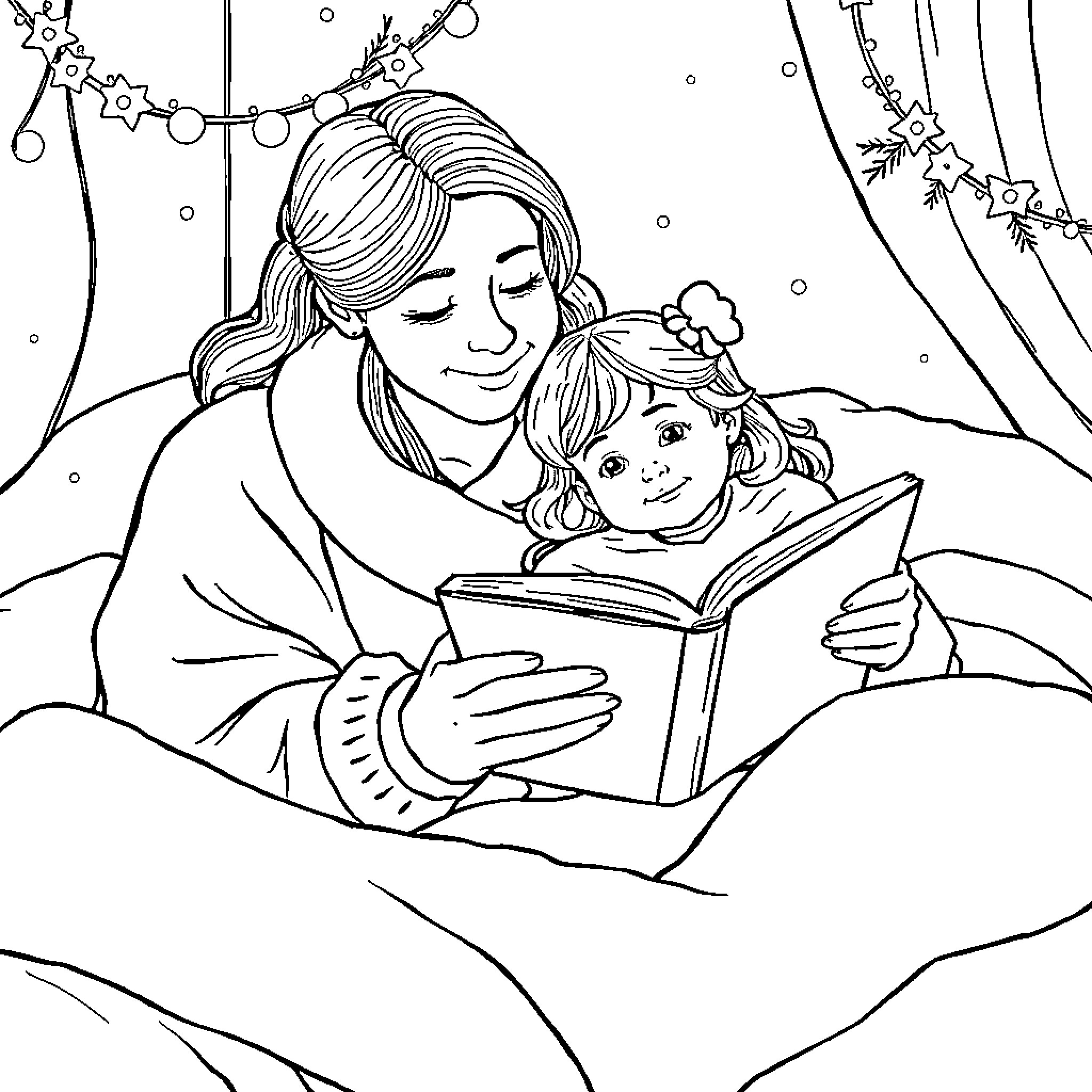 Mom Reading a Bedtime Story to Her Child Coloring Page (free black-and-white line drawing printable PDF for all, from beginners to advanced learners, including children, teens, adults, and seniors)