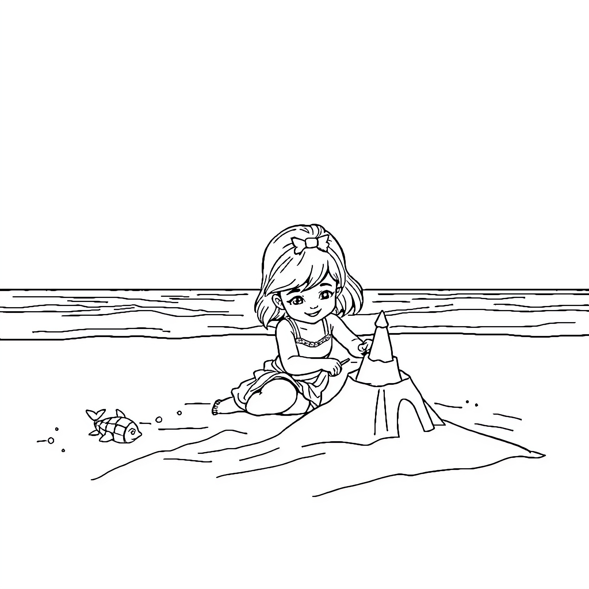 Girl building sandcastle on the beach Coloring Page (free black-and-white line drawing printable PDF for all, from beginners to advanced learners, including children, teens, adults, and seniors)