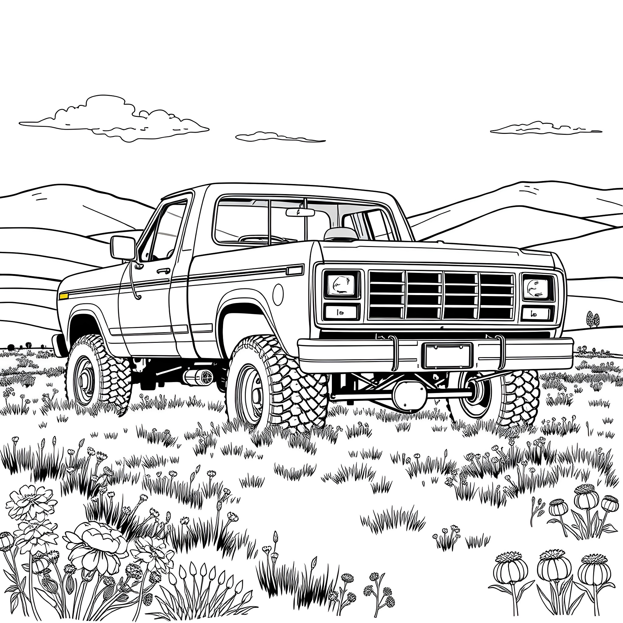 Ford Pickup Truck in Rugged Outdoor Scene Coloring Page (free black-and-white line drawing printable PDF for all, from beginners to advanced learners, including children, teens, adults, and seniors)