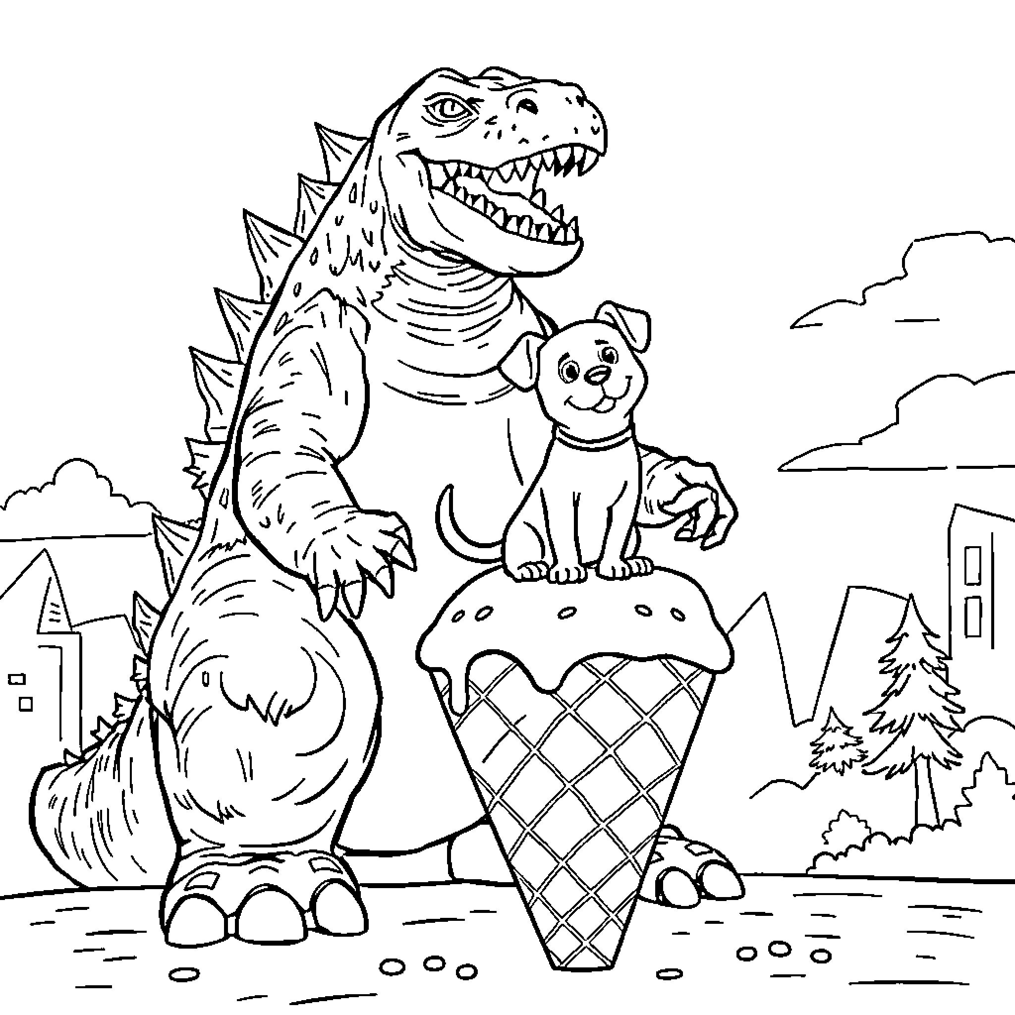 Dog guarding an ice cream cone in a city park Coloring Page (free black-and-white line drawing printable PDF for all, from beginners to advanced learners, including children, teens, adults, and seniors)