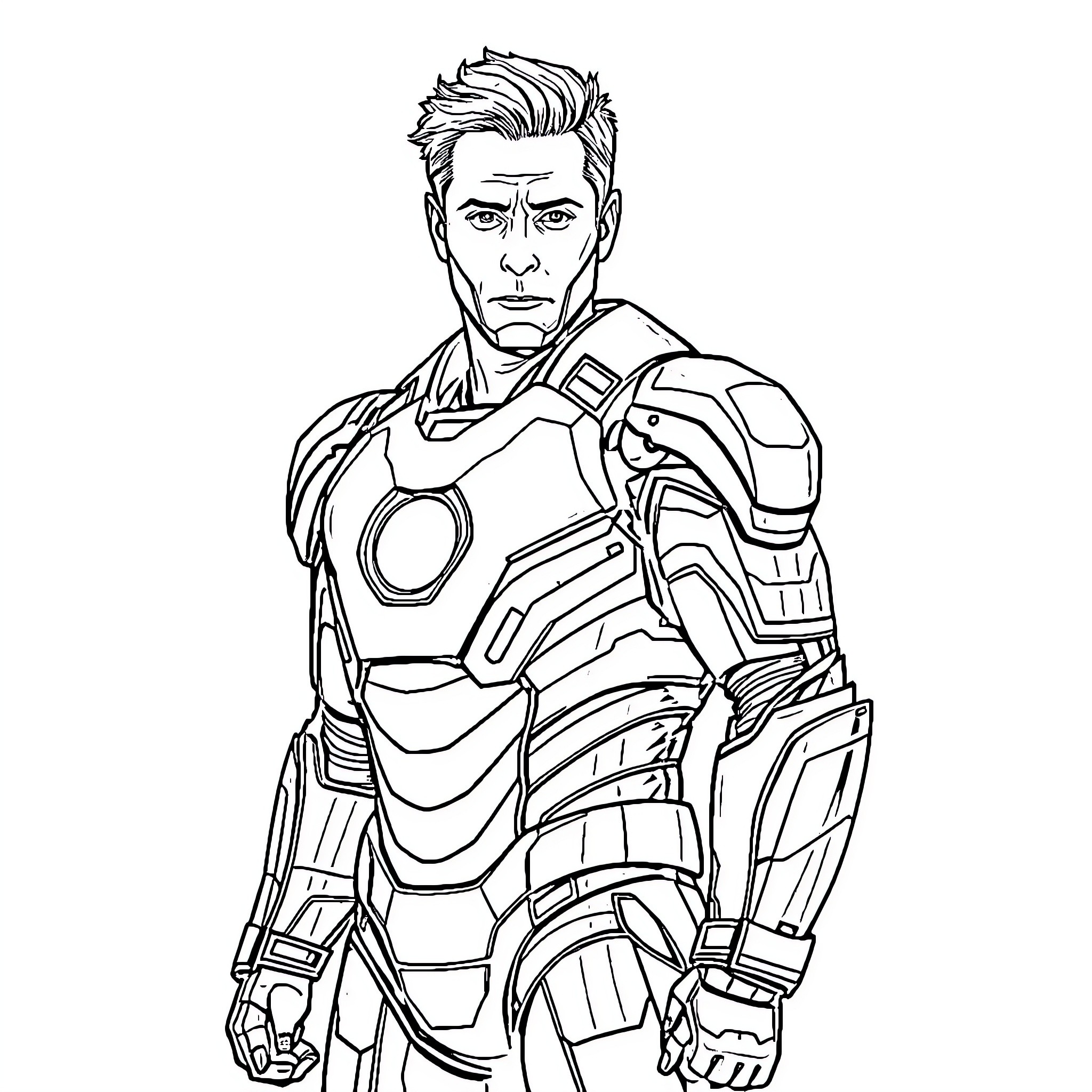 Iron Man in Action Hero Pose Coloring Page (free black-and-white line drawing printable PDF for all, from beginners to advanced learners, including children, teens, adults, and seniors)