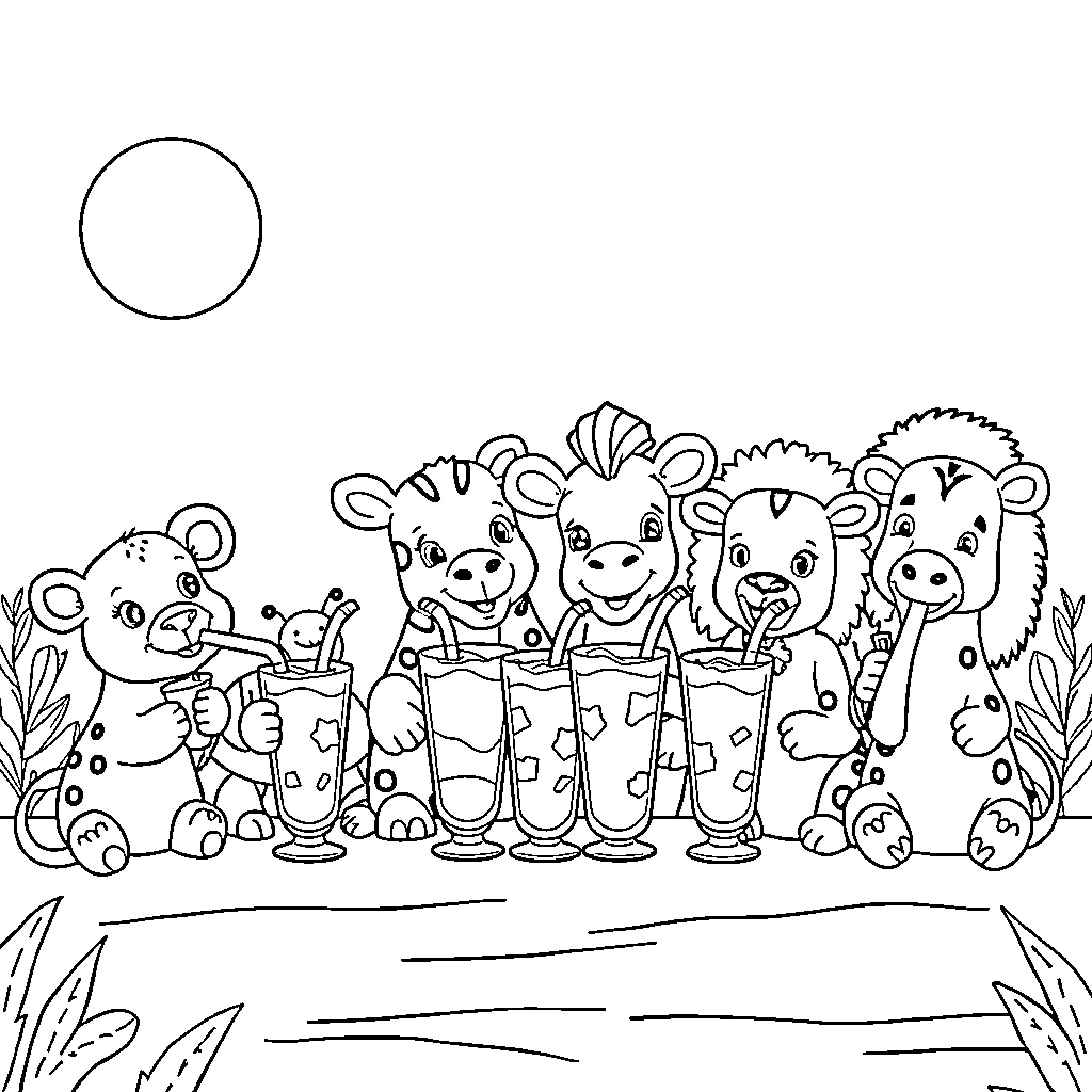 Zoo Animals Enjoying Drinks Together Coloring Page (free black-and-white line drawing printable PDF for all, from beginners to advanced learners, including children, teens, adults, and seniors)