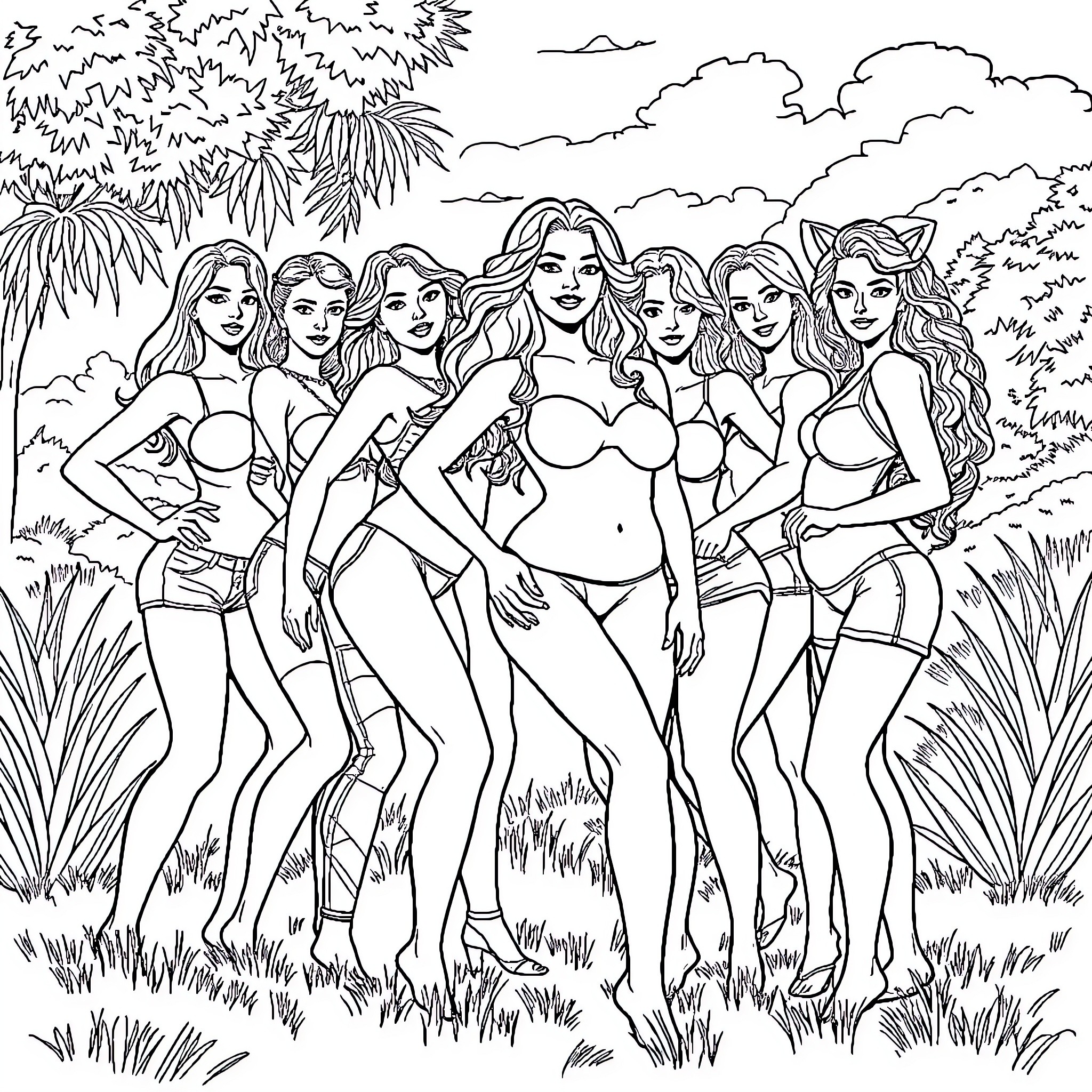 Women enjoying a day at the beach Coloring Page (free black-and-white line drawing printable PDF for all, from beginners to advanced learners, including children, teens, adults, and seniors)