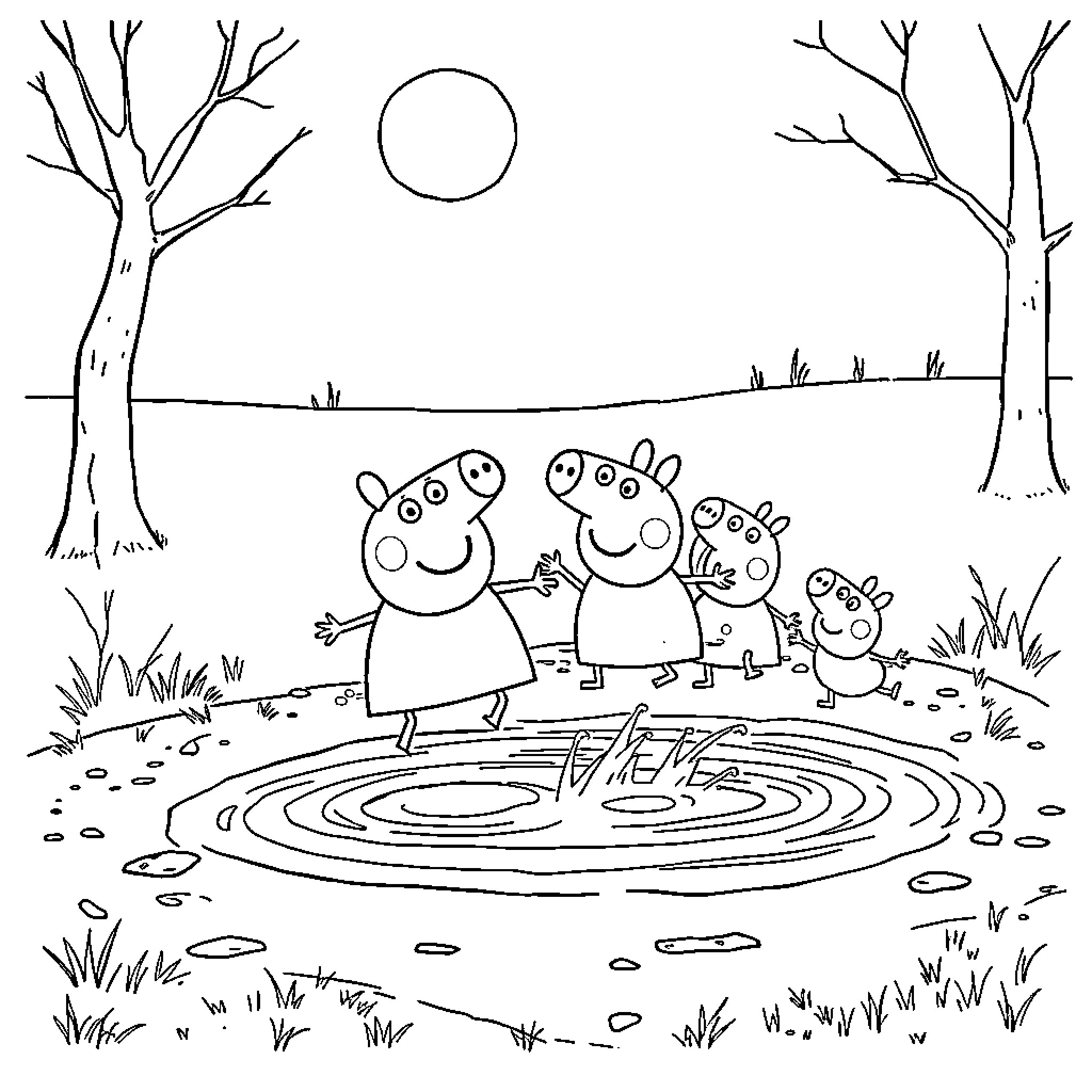 Peppa Pig family enjoying a day outdoors Coloring Page (free black-and-white line drawing printable PDF for all, from beginners to advanced learners, including children, teens, adults, and seniors)