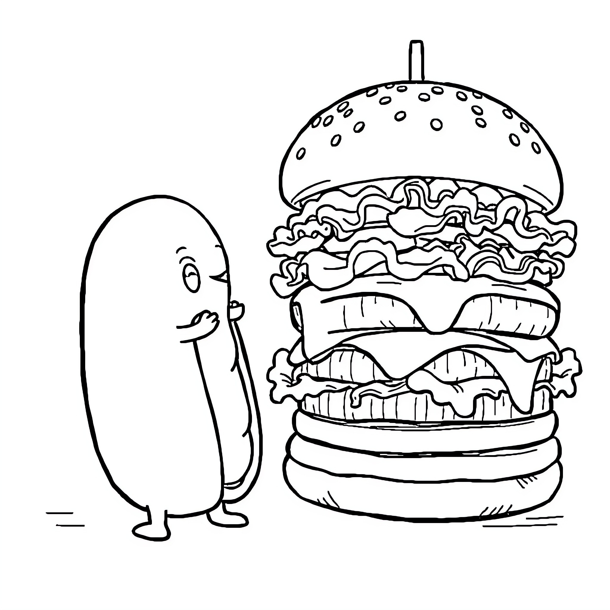 Hotdog and Hamburger Enjoying a Playful Moment Coloring Page (free black-and-white line drawing printable PDF for all, from beginners to advanced learners, including children, teens, adults, and seniors)