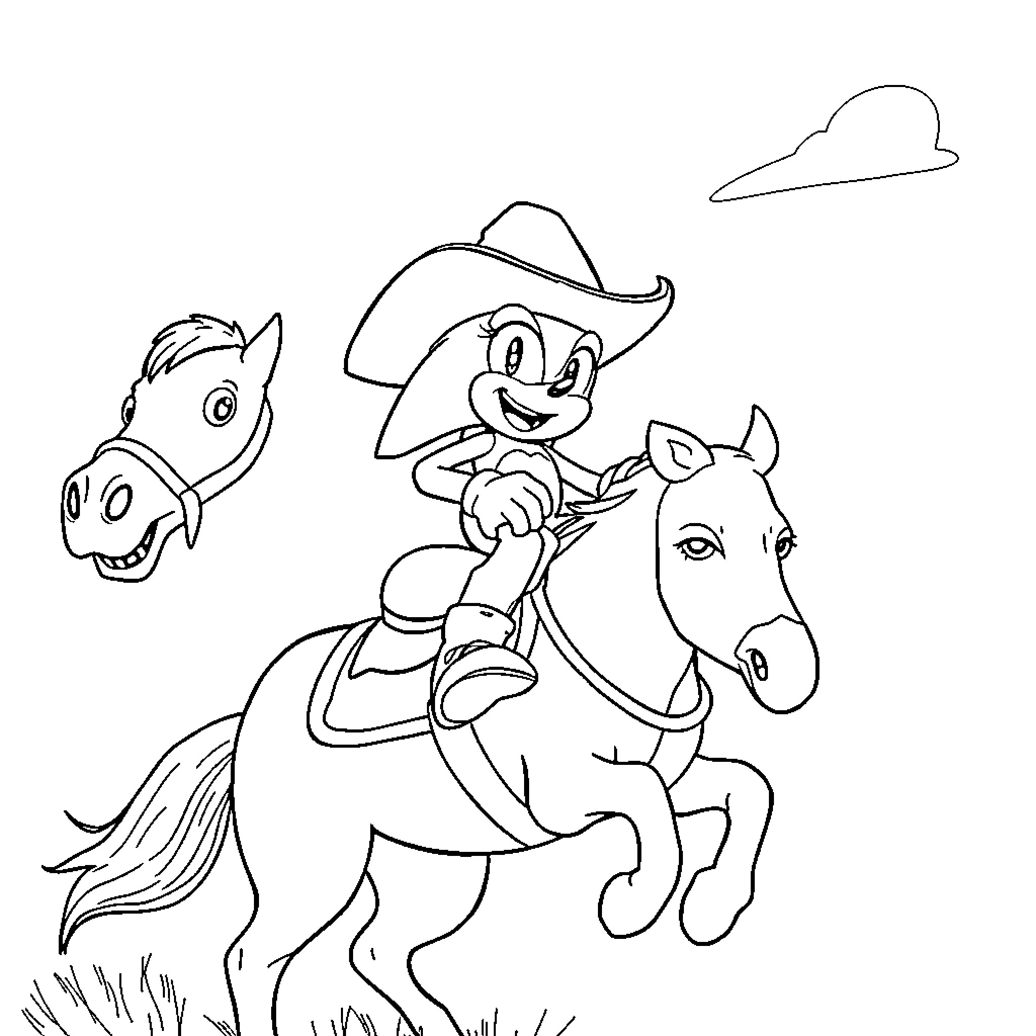 Sonic's Cowboy Adventure on Horseback Coloring Page (free black-and-white line drawing printable PDF for all, from beginners to advanced learners, including children, teens, adults, and seniors)
