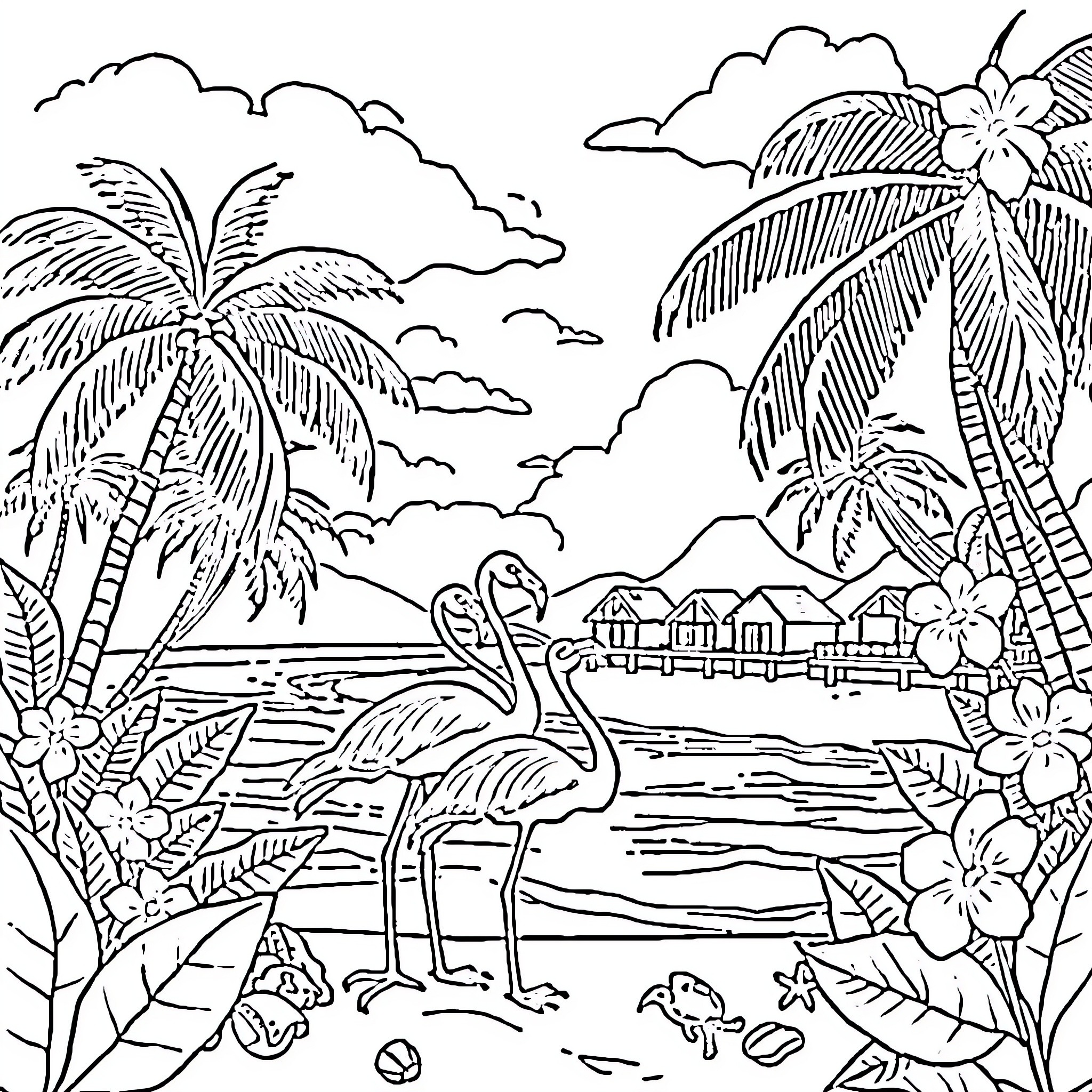 Tropical Scenic Landscape with Flamingos and Palm Trees Coloring Page (free black-and-white line drawing printable PDF for all, from beginners to advanced learners, including children, teens, adults, and seniors)