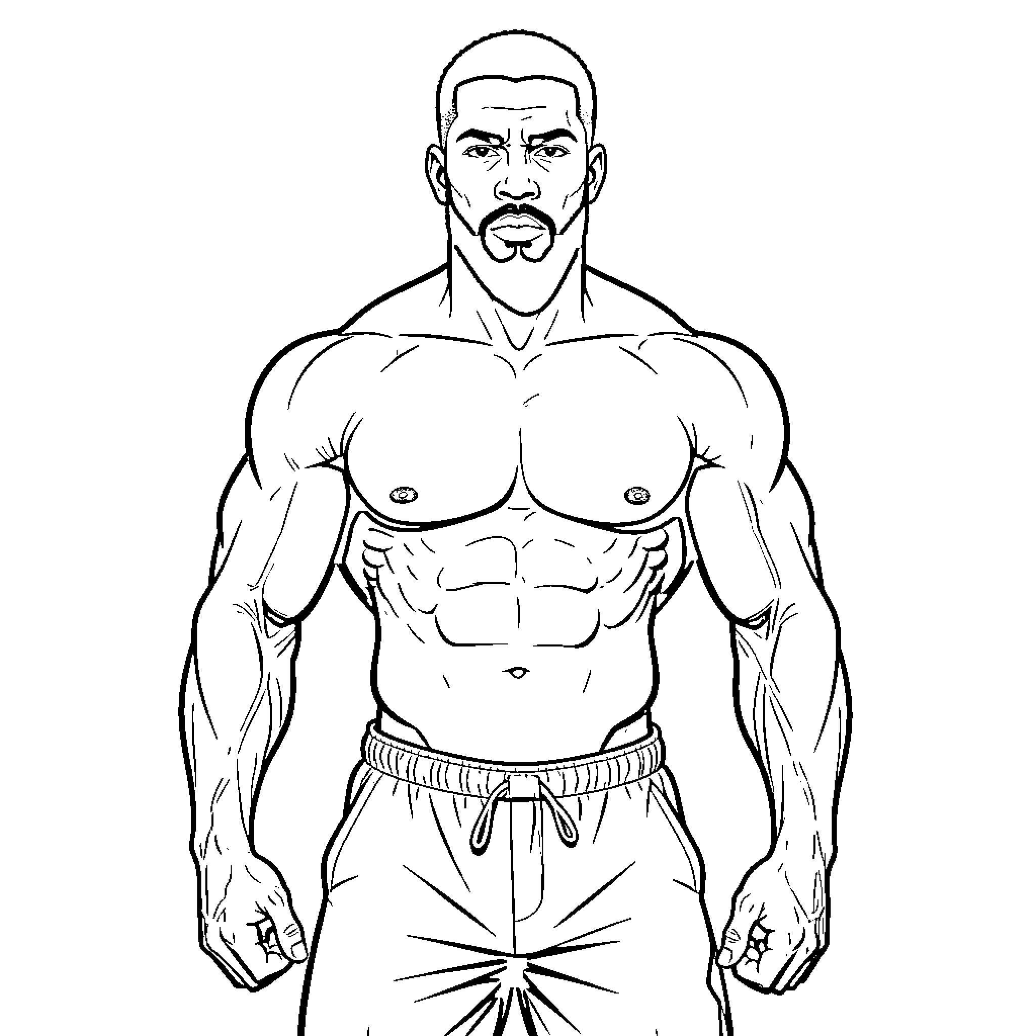 Hombre muscular posing with a confident expression Coloring Page (free black-and-white line drawing printable PDF for all, from beginners to advanced learners, including children, teens, adults, and seniors)