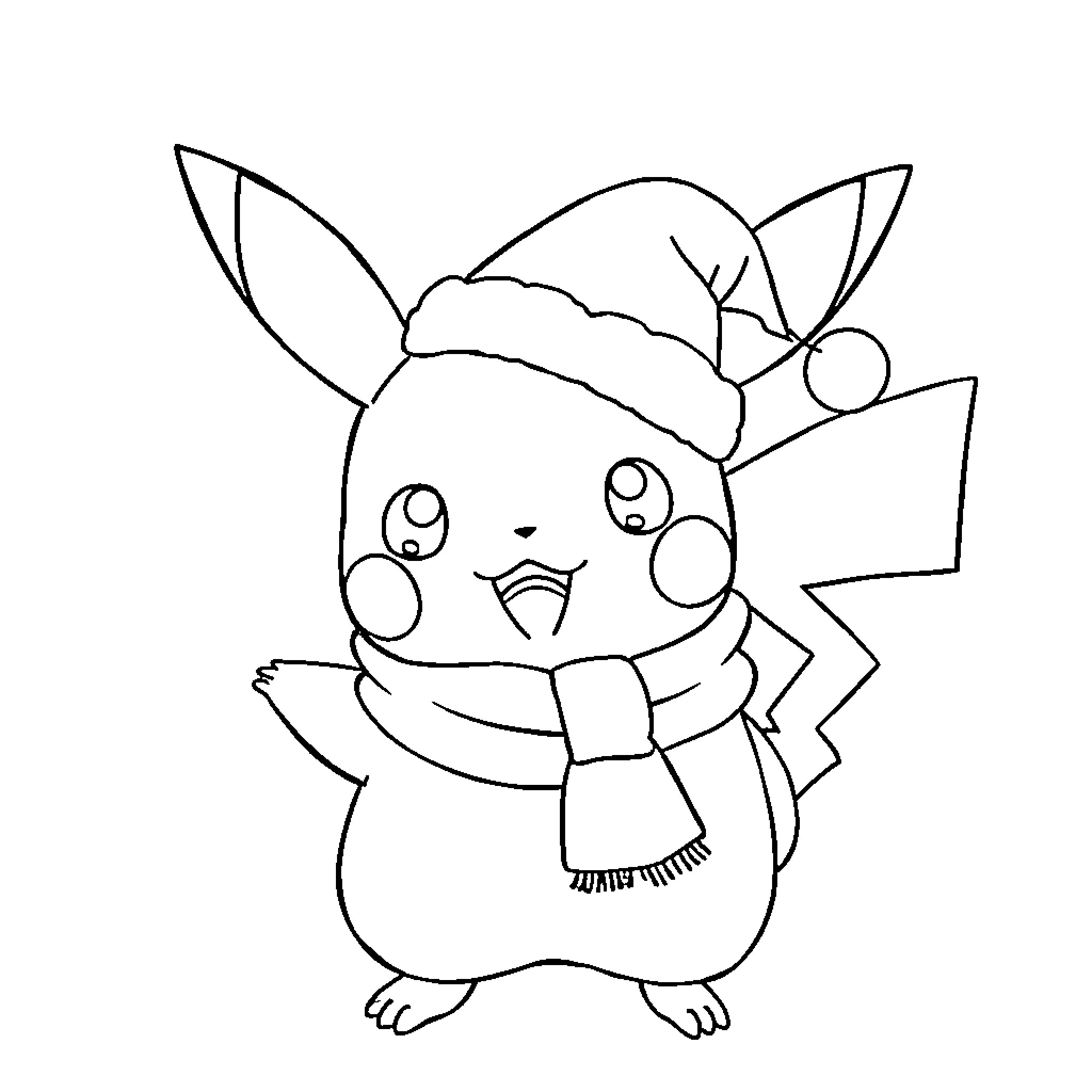 Pikachu wearing a winter hat and scarf Coloring Page (free black-and-white line drawing printable PDF for all, from beginners to advanced learners, including children, teens, adults, and seniors)