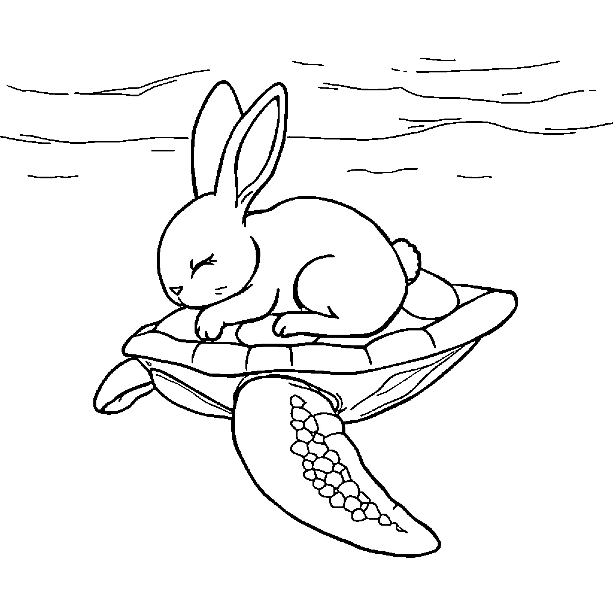 Rabbit relaxing on a large banana leaf Coloring Page (free black-and-white line drawing printable PDF for all, from beginners to advanced learners, including children, teens, adults, and seniors)