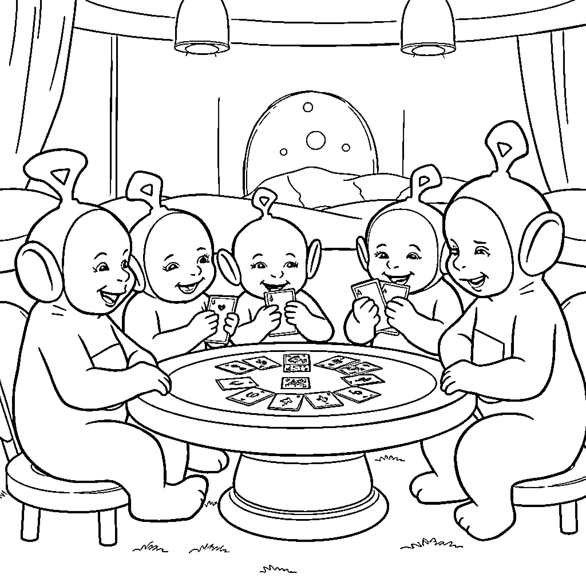 Teletubbies having a lively gathering around a table Coloring Page (free black-and-white line drawing printable PDF for all, from beginners to advanced learners, including children, teens, adults, and seniors)