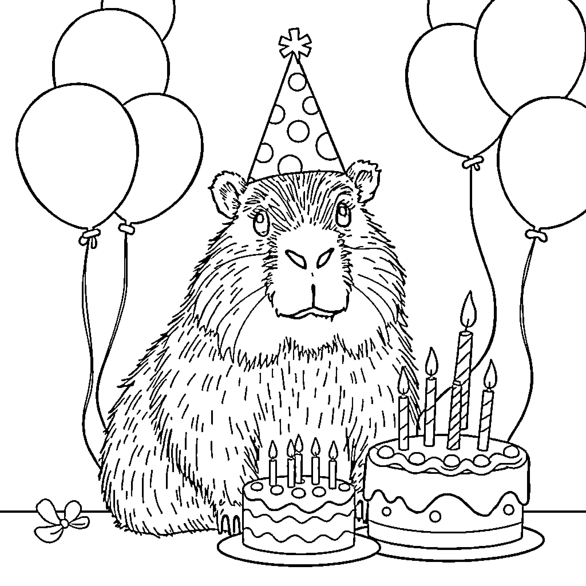 Capybara celebrates birthday with cake and balloons Coloring Page (free black-and-white line drawing printable PDF for all, from beginners to advanced learners, including children, teens, adults, and seniors)