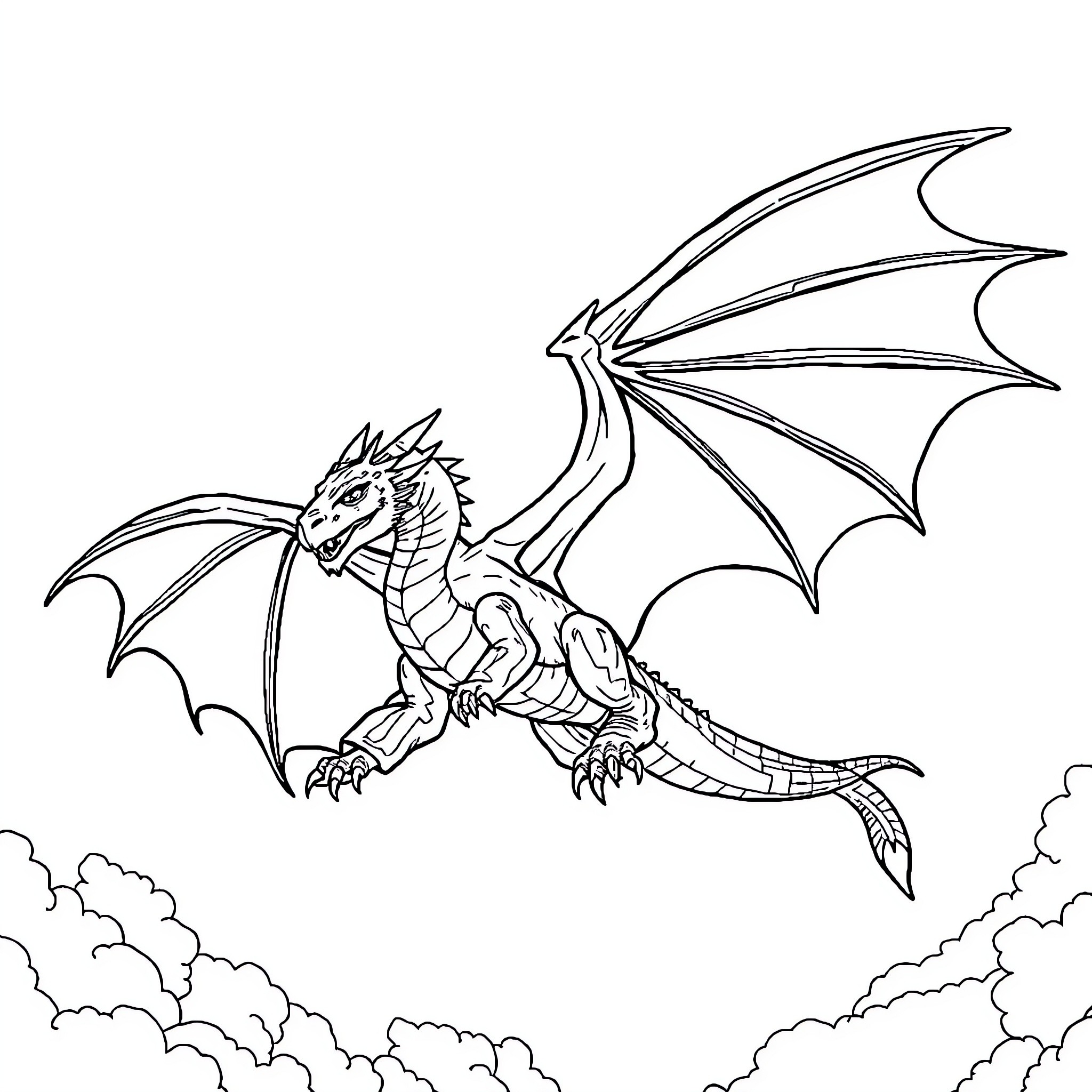 Dragon soaring through the clouds Coloring Page (free black-and-white line drawing printable PDF for all, from beginners to advanced learners, including children, teens, adults, and seniors)
